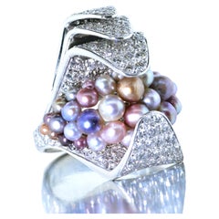 Natural Saltwater Fancy Color Pearls and Fine White Diamond Ring