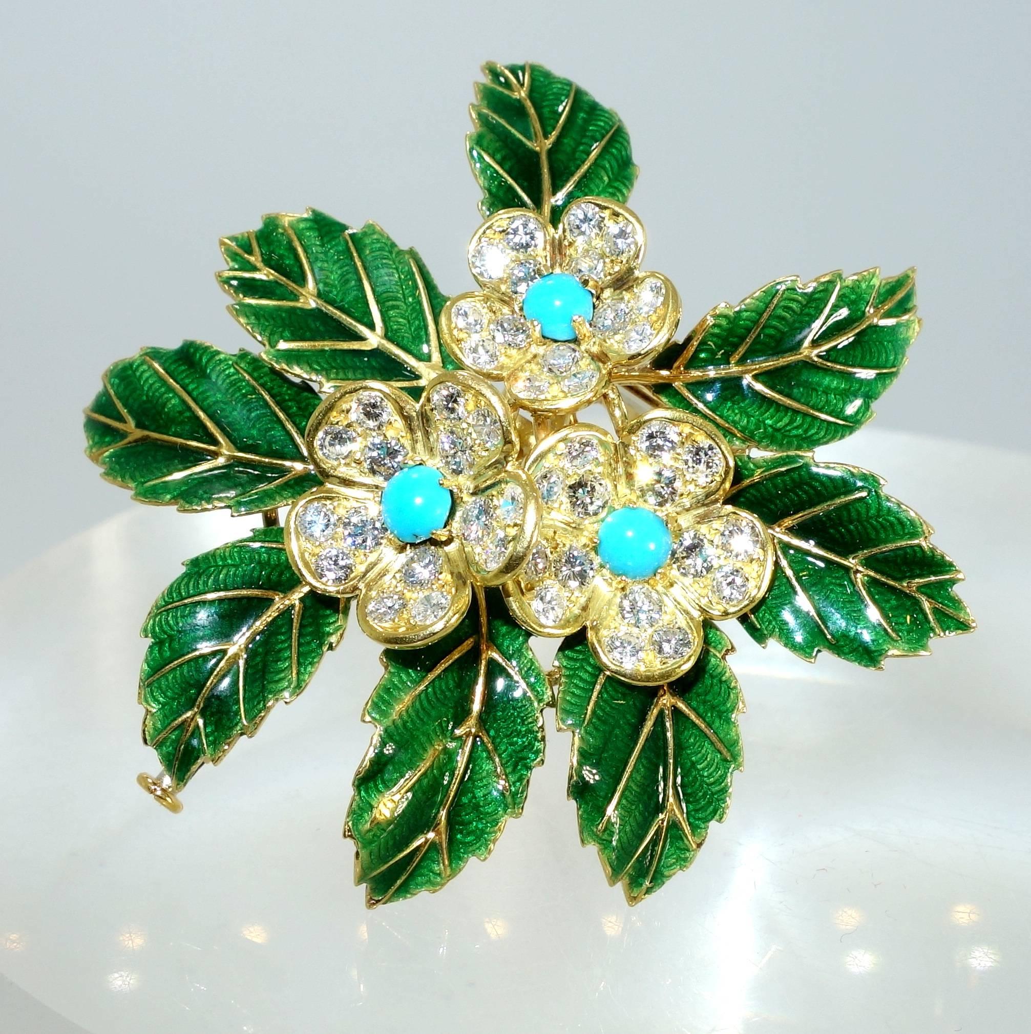 Contemporary Boucheron Turquoise Diamond Gold Brooch