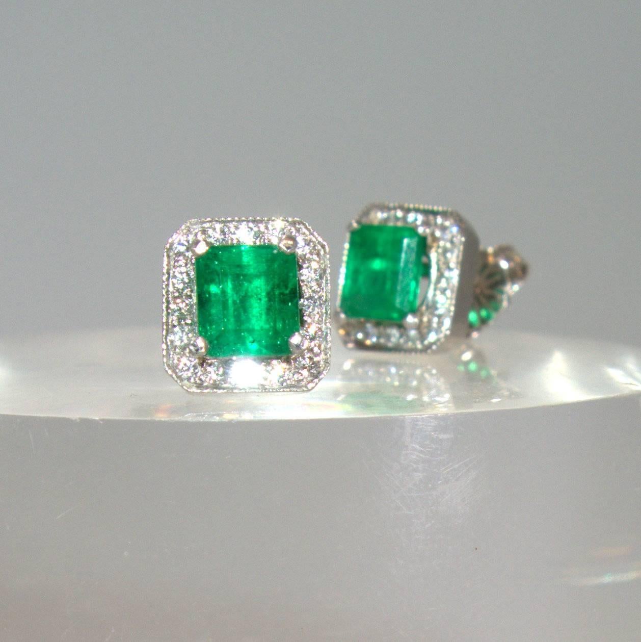 Contemporary Emerald Diamond Platinum Stud Earrings