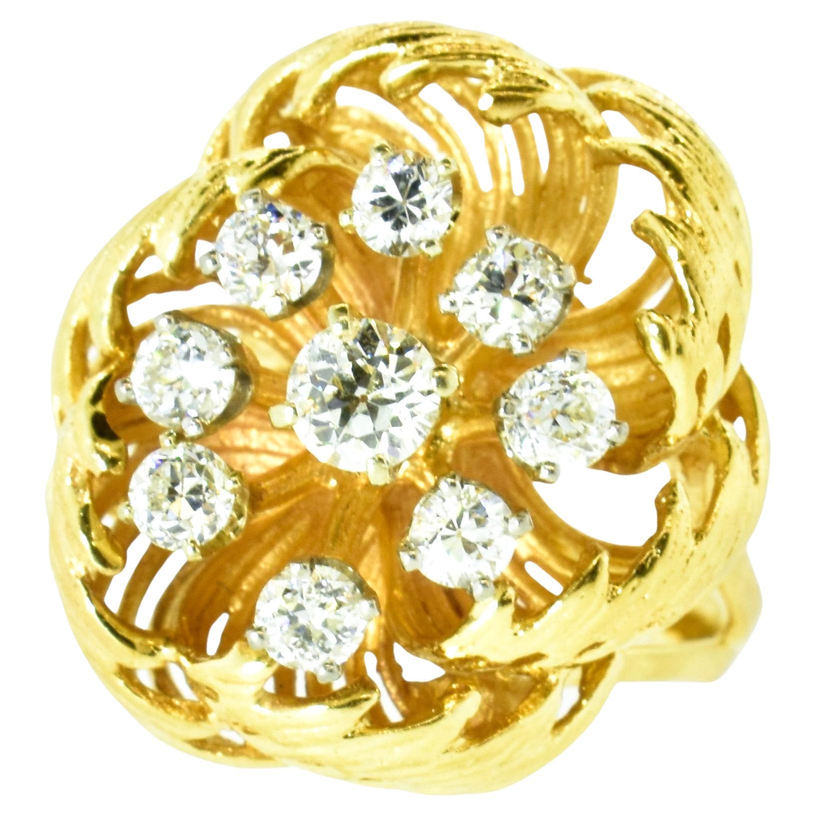 Fine White Brilliant Cut Diamond and Gold Unusual and Striking Ring, circa 1960 For Sale