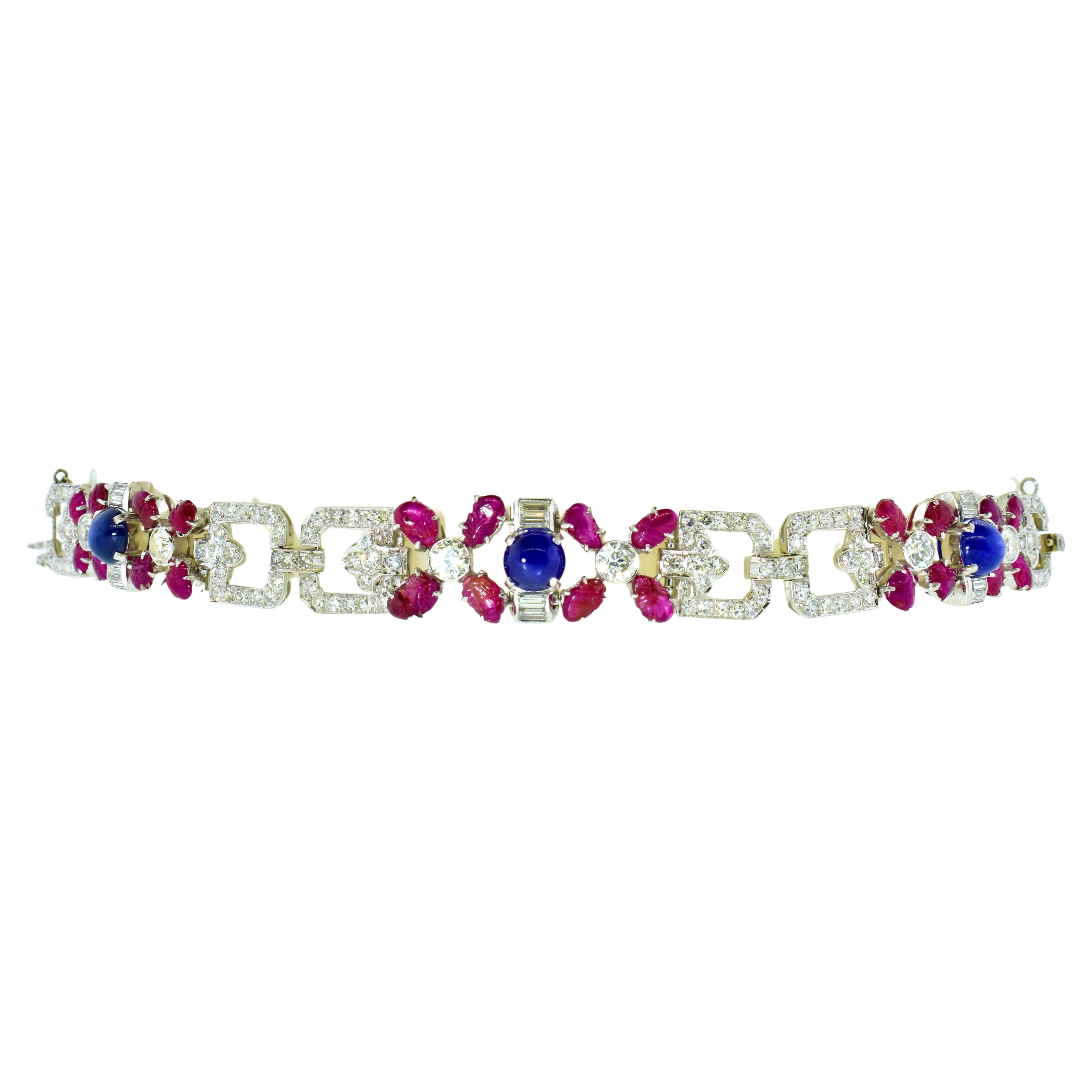 Mixed Cut Tutti Frutti Art Deco Antique Diamond, Ruby & Sapphire Plat, Bracelet circa 1922 For Sale