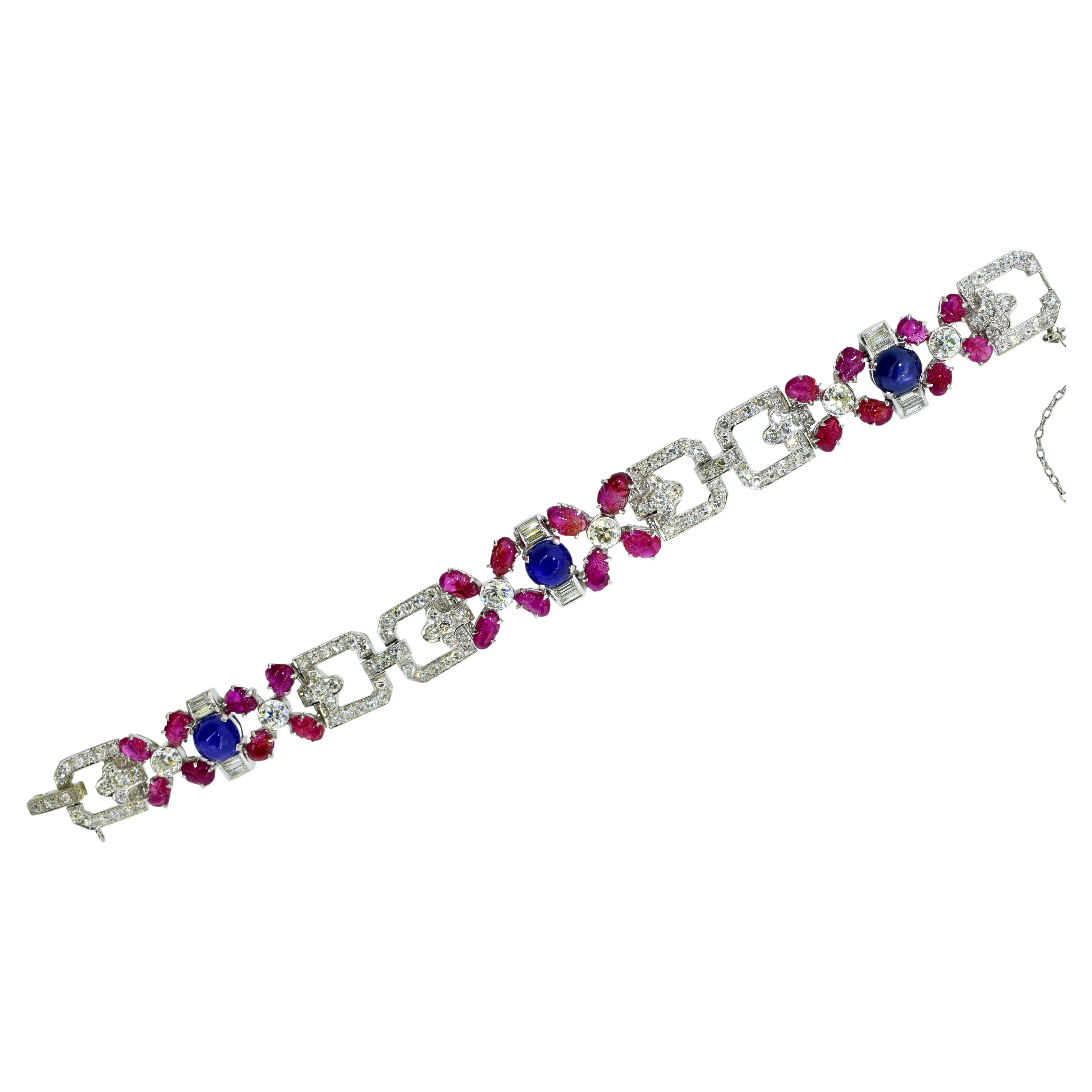 Tutti Frutti Art Deco Antique Diamond, Ruby & Sapphire Plat, Bracelet circa 1922