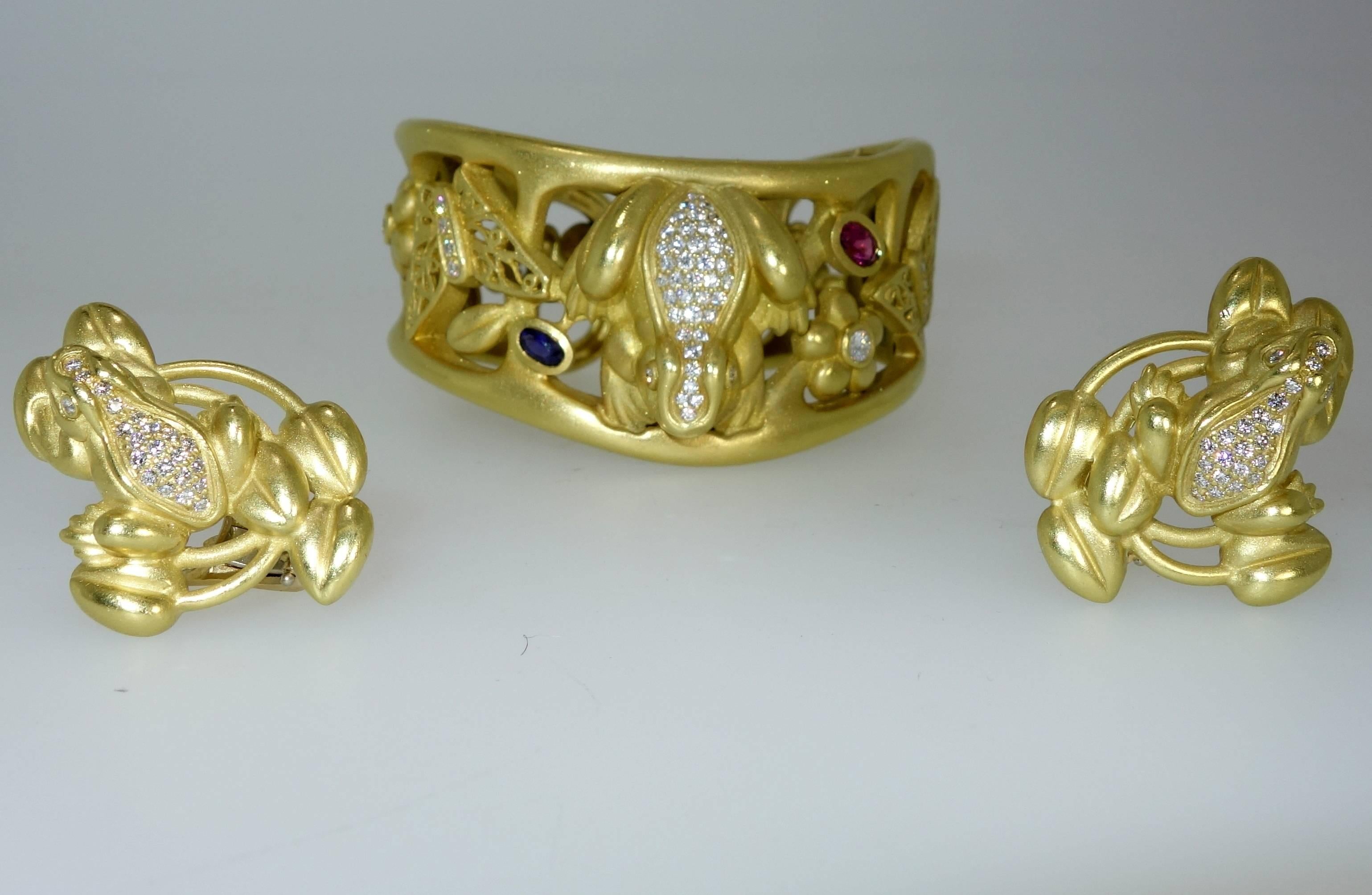 Women's Kieselstein-Cord Unusual Gemstone Diamond Gold Bracelet and Earrings Set