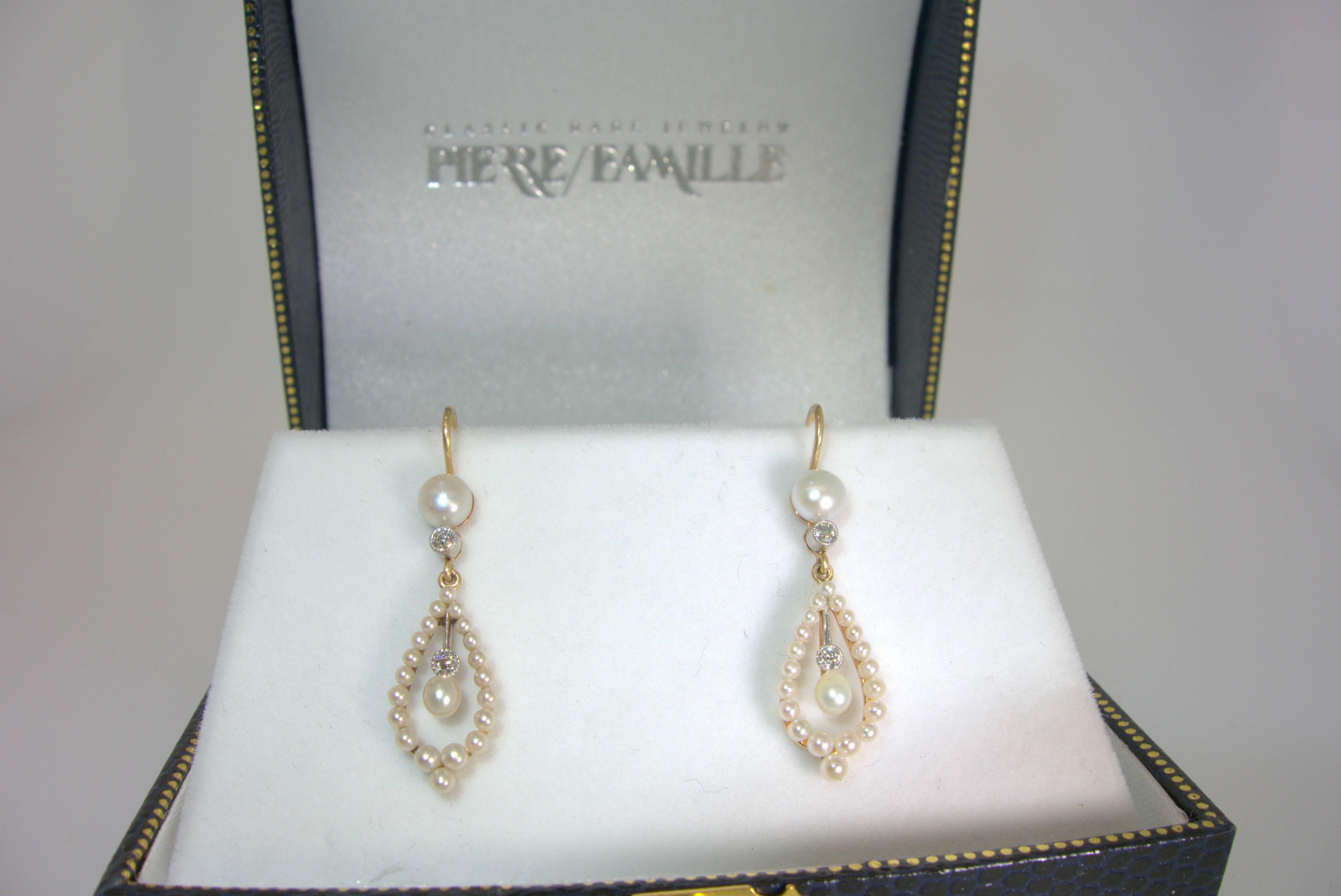 Women's Edwardian Natural Pearl Diamond Gold Platinum Earrings