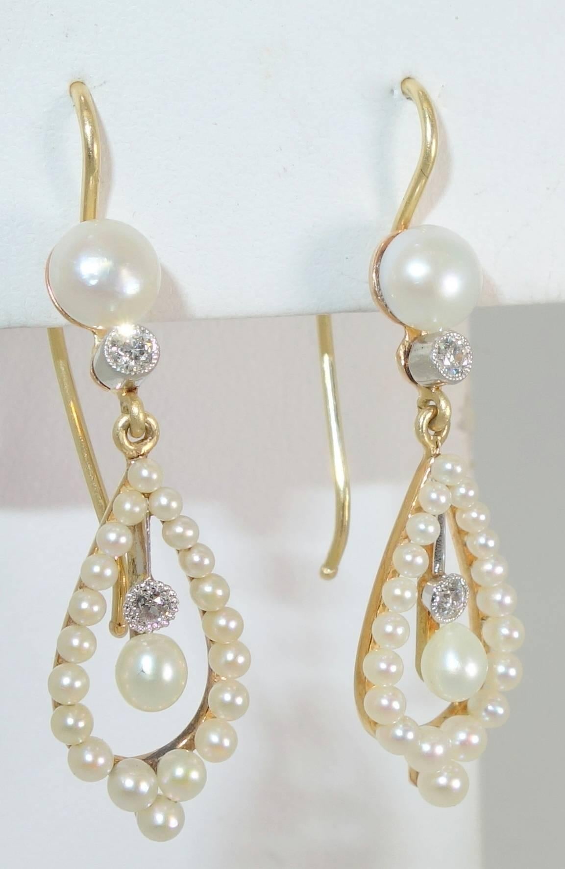 Edwardian Natural Pearl Diamond Gold Platinum Earrings 2