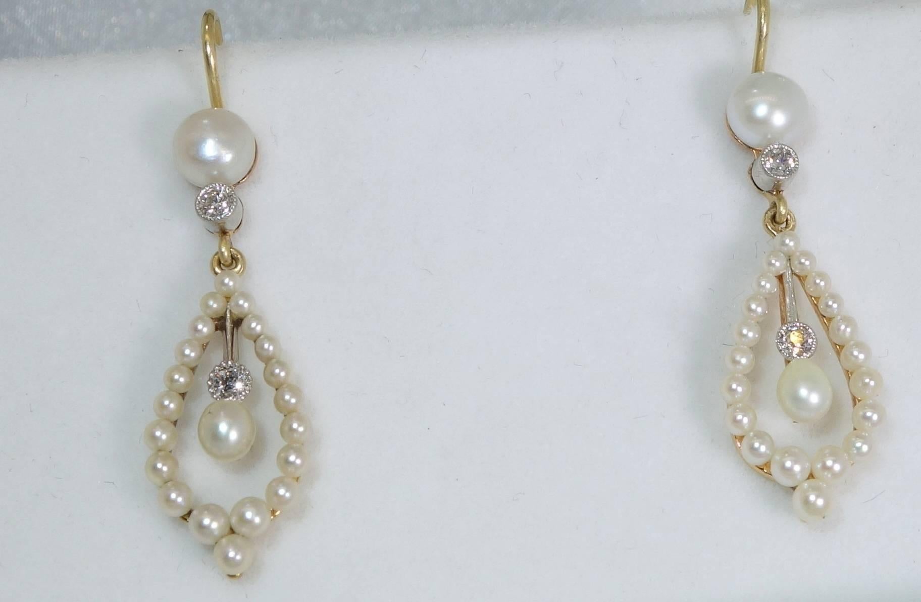 Edwardian Natural Pearl Diamond Gold Platinum Earrings 3