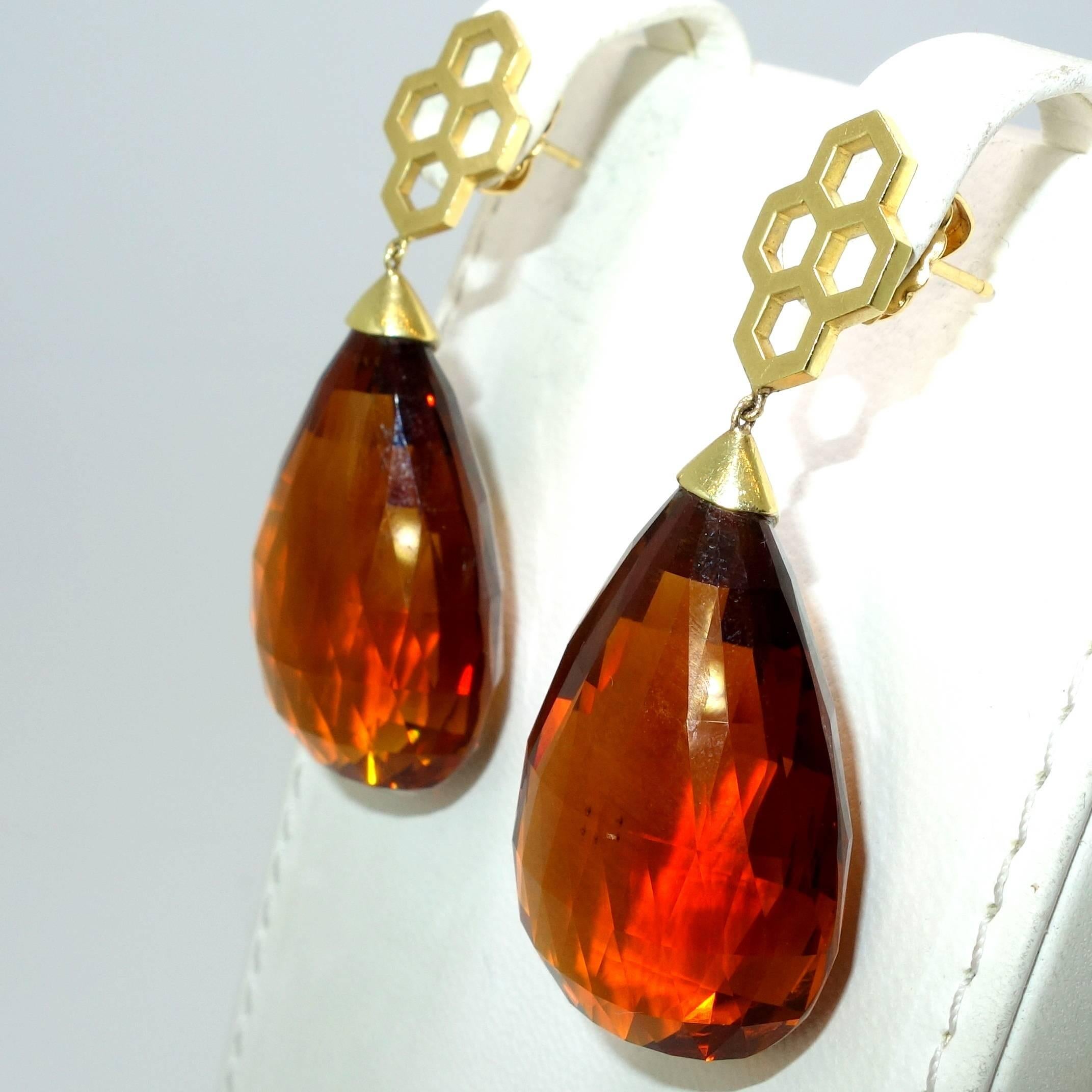 Contemporary Madeira Citrine Briolette Gold Drop Earrings