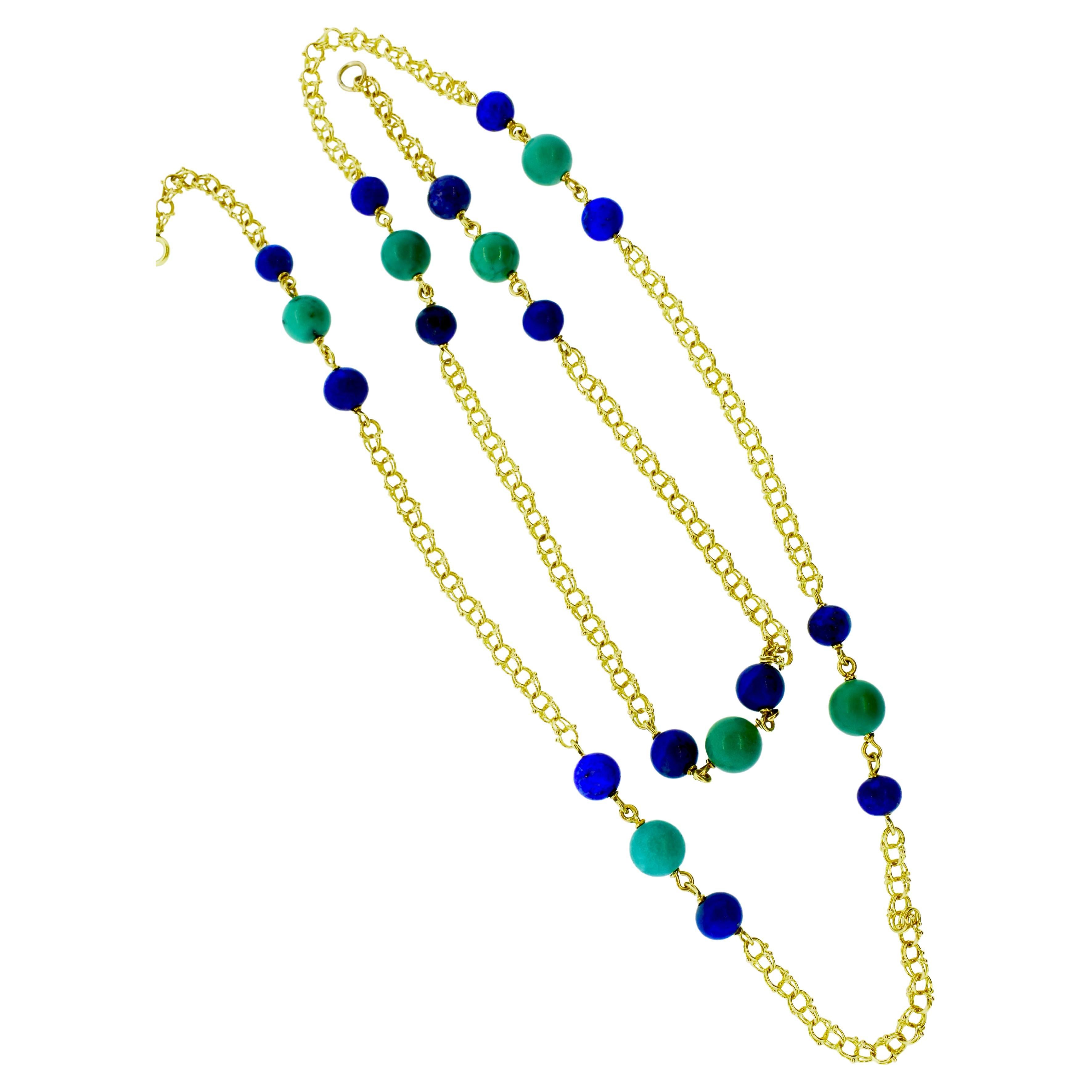 Bead Vintage Long Gold Chain interspersed with Lapis and Turquoise, c. 1960