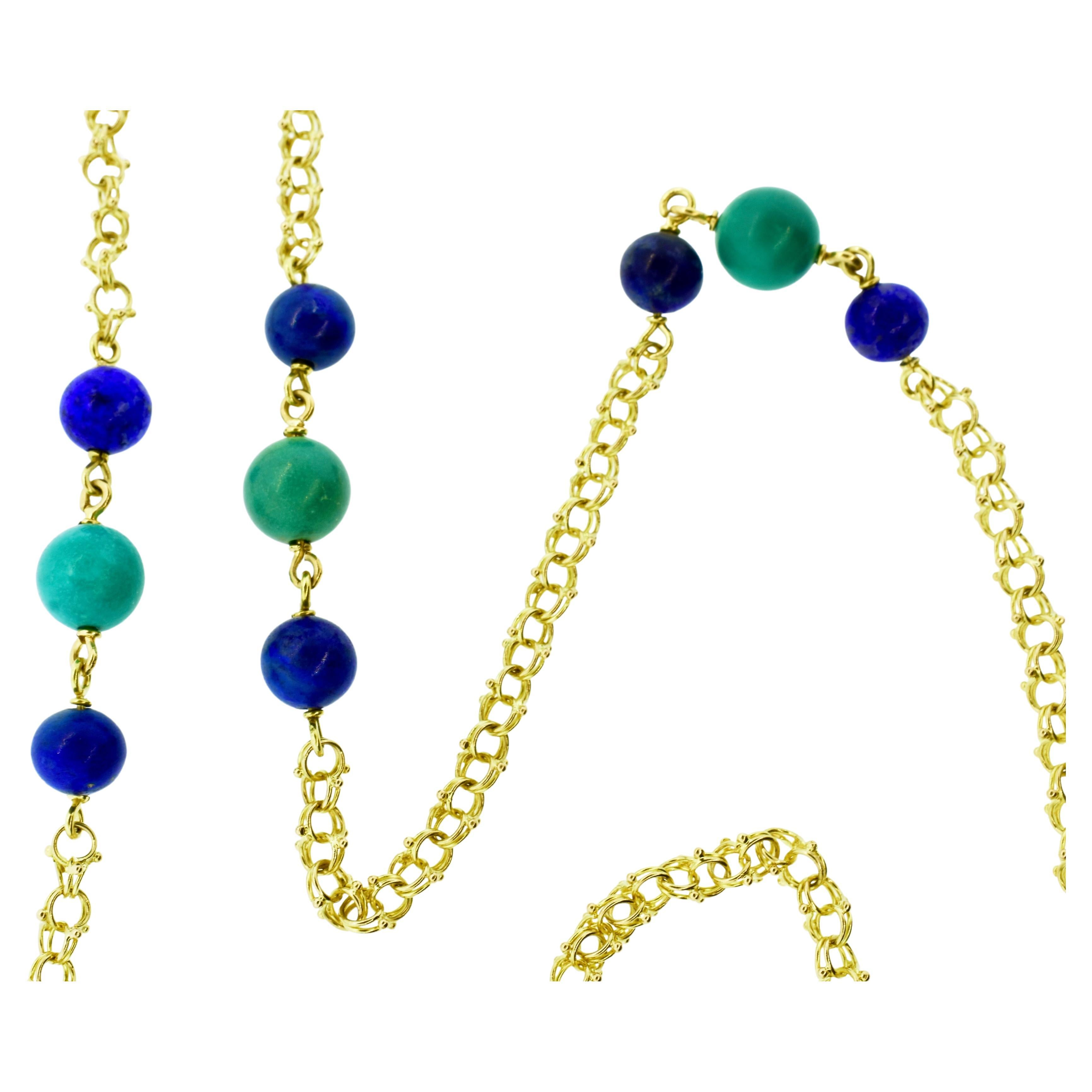 Contemporary Vintage Long Gold Chain interspersed with Lapis and Turquoise, c. 1960