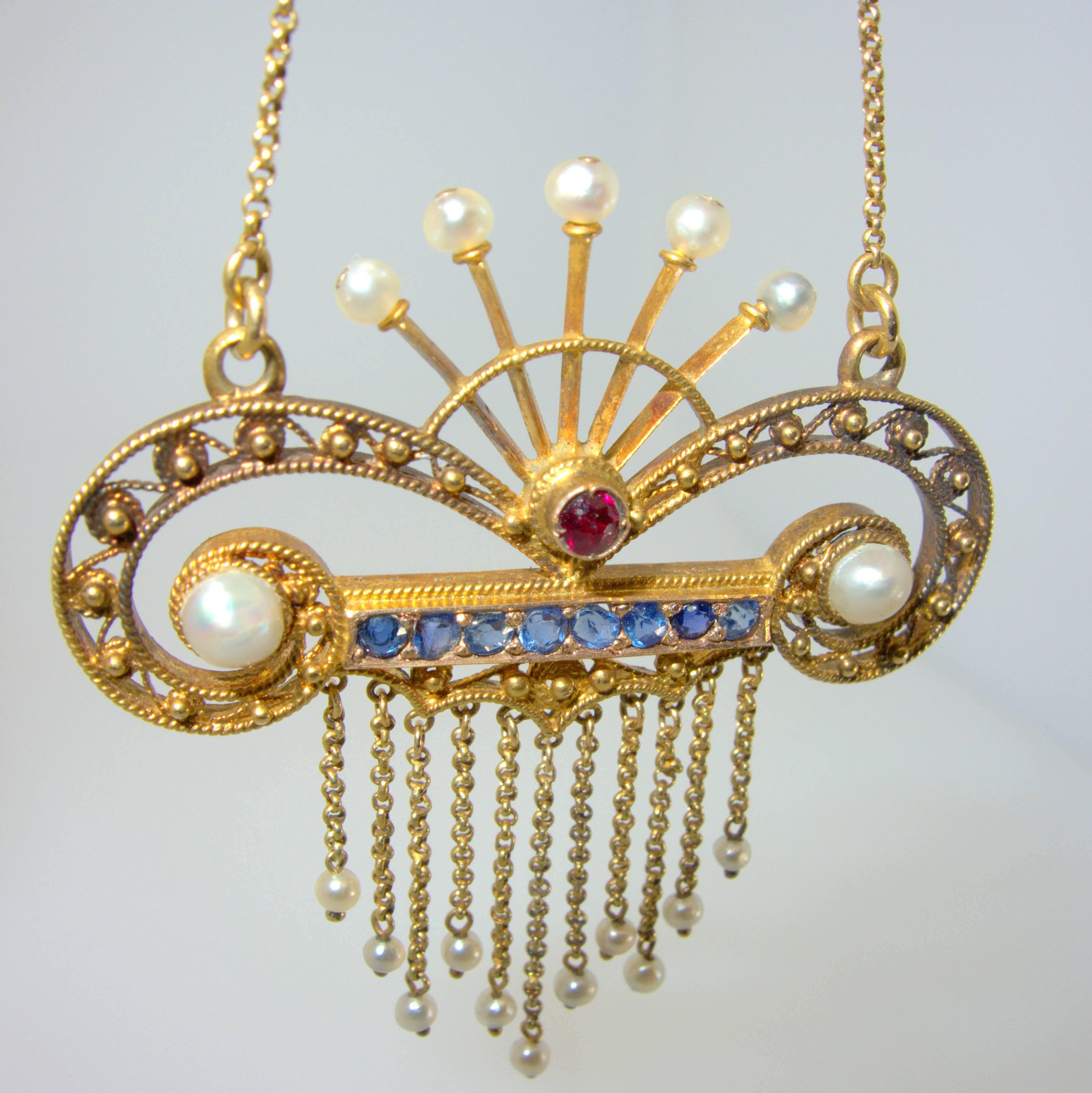 Women's Antique Pearl Sapphire Ruby gold Lavelier, circa 1900