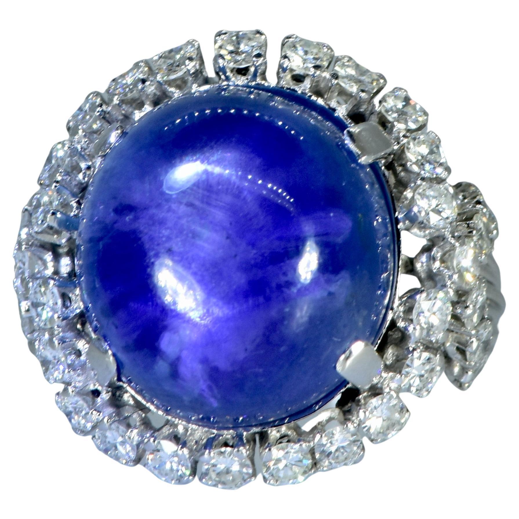 Blue Star Sapphire, unheated, weighing 15 cts and Diamond Ring, Circa 1950. For Sale