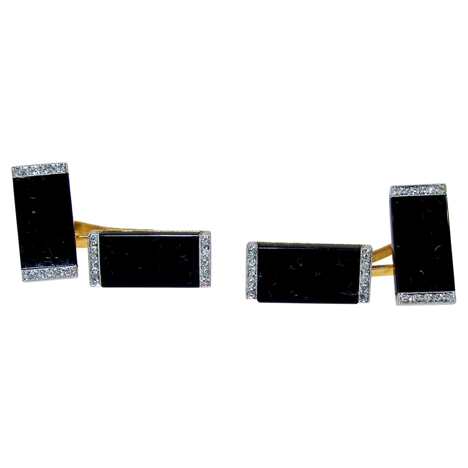 Cufflinks, Antique Art Deco Diamond & Onyx Platinum , French, by Ghiso, C. 1920