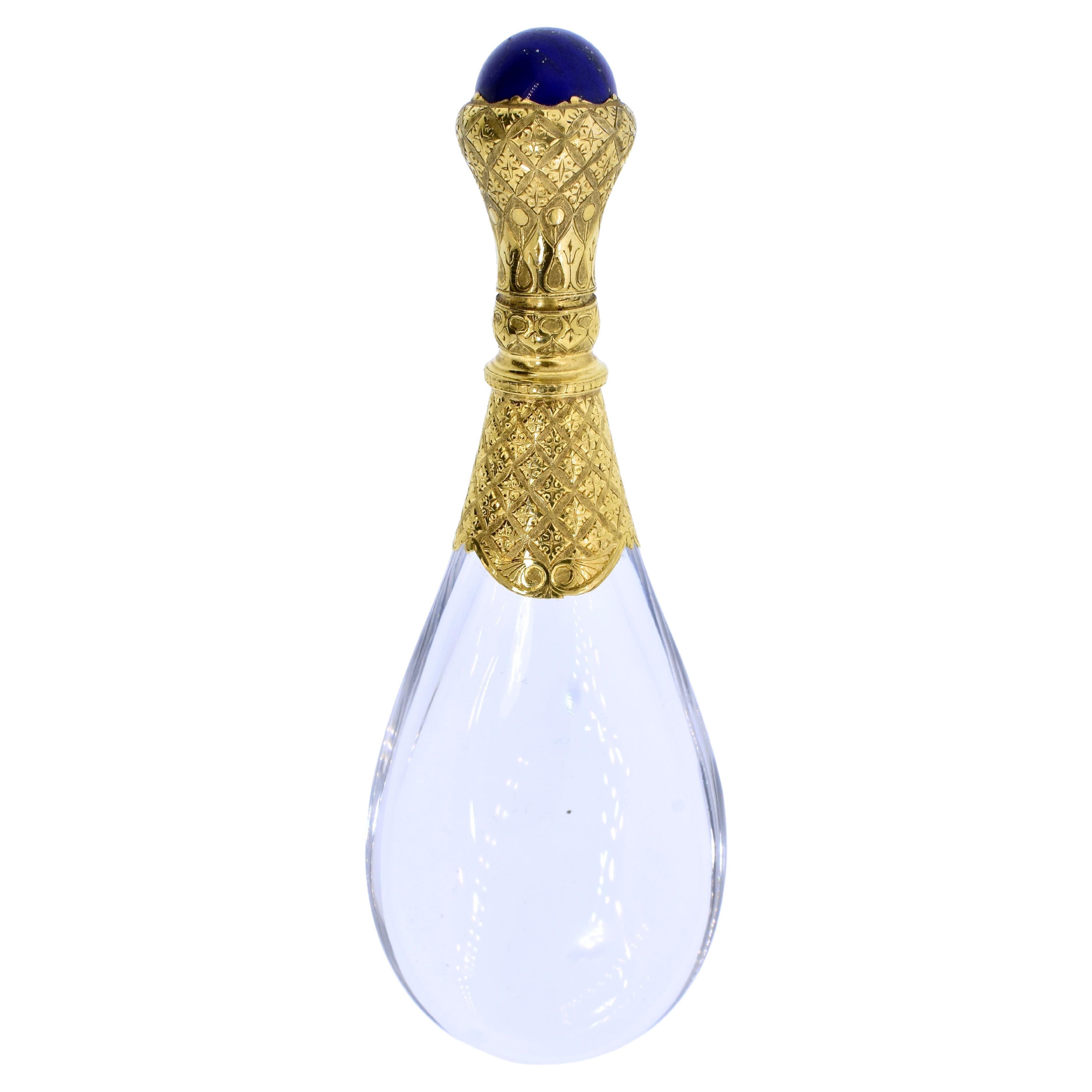 Ancienne bouteille de parfum en cristal de roche, Lapis et 18K, Auguste Fraumont, 1850