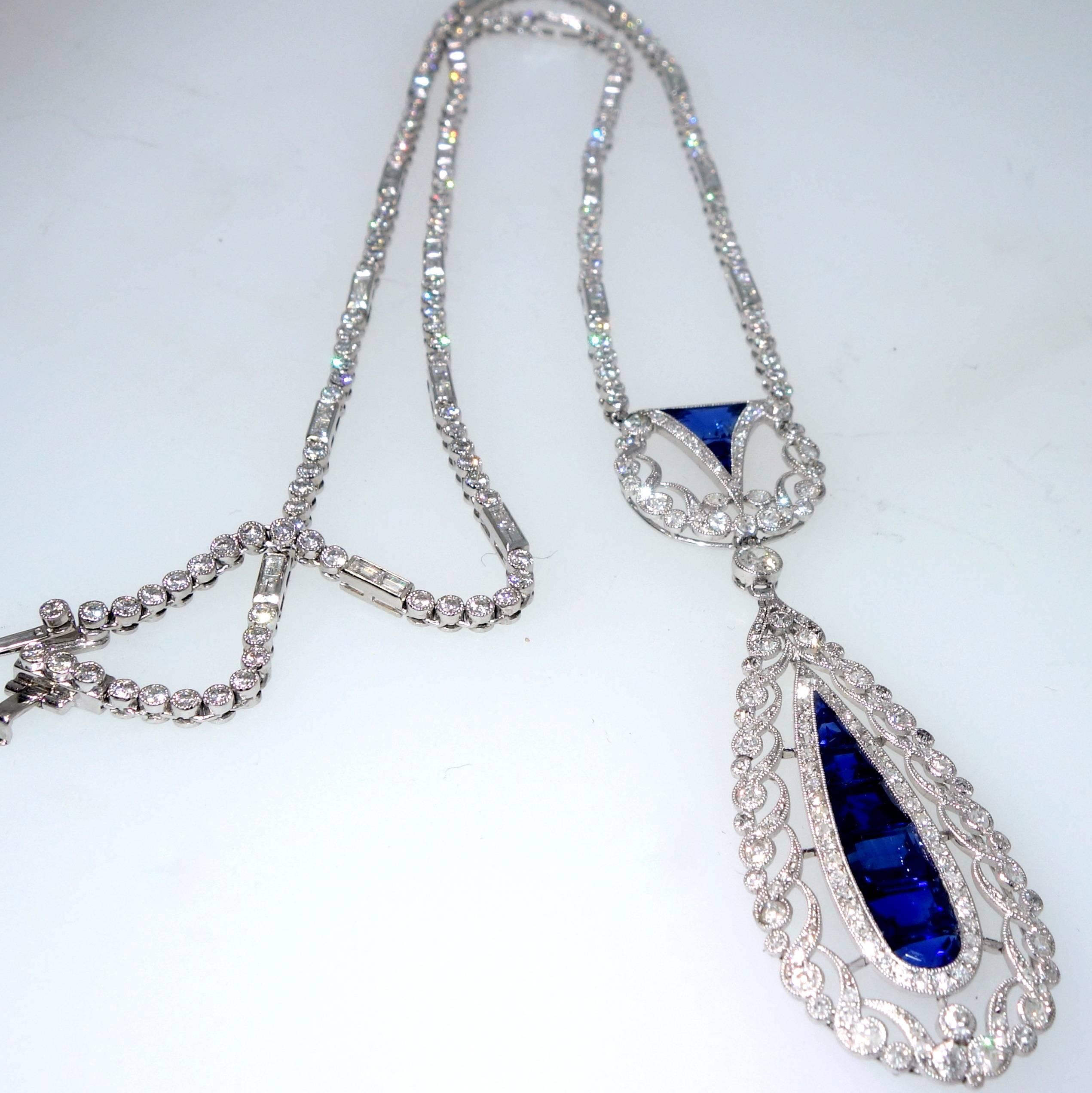 1930s Art Deco Sapphire Diamond Platinum Pendant Necklace 1