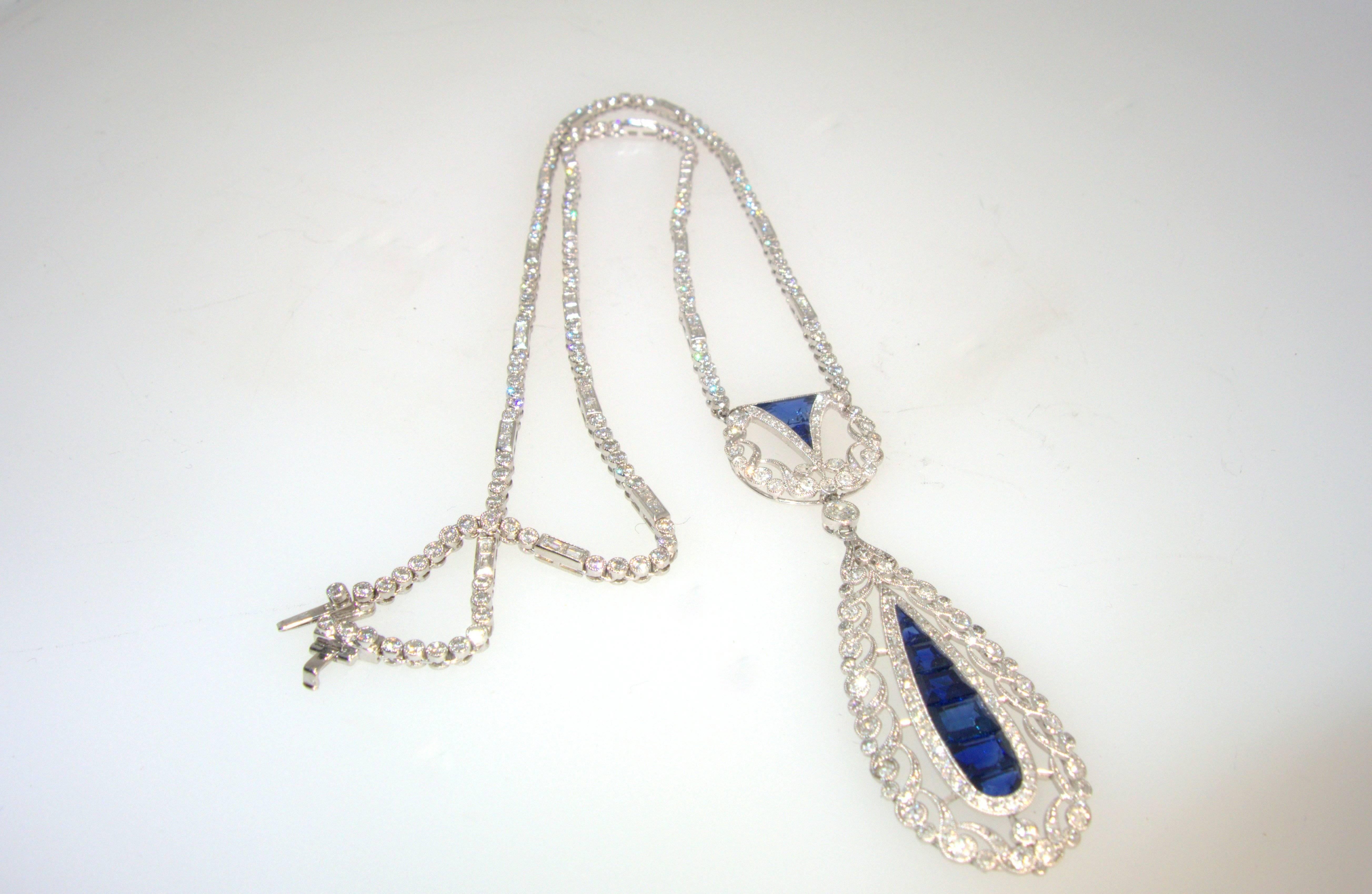 1930s Art Deco Sapphire Diamond Platinum Pendant Necklace 2