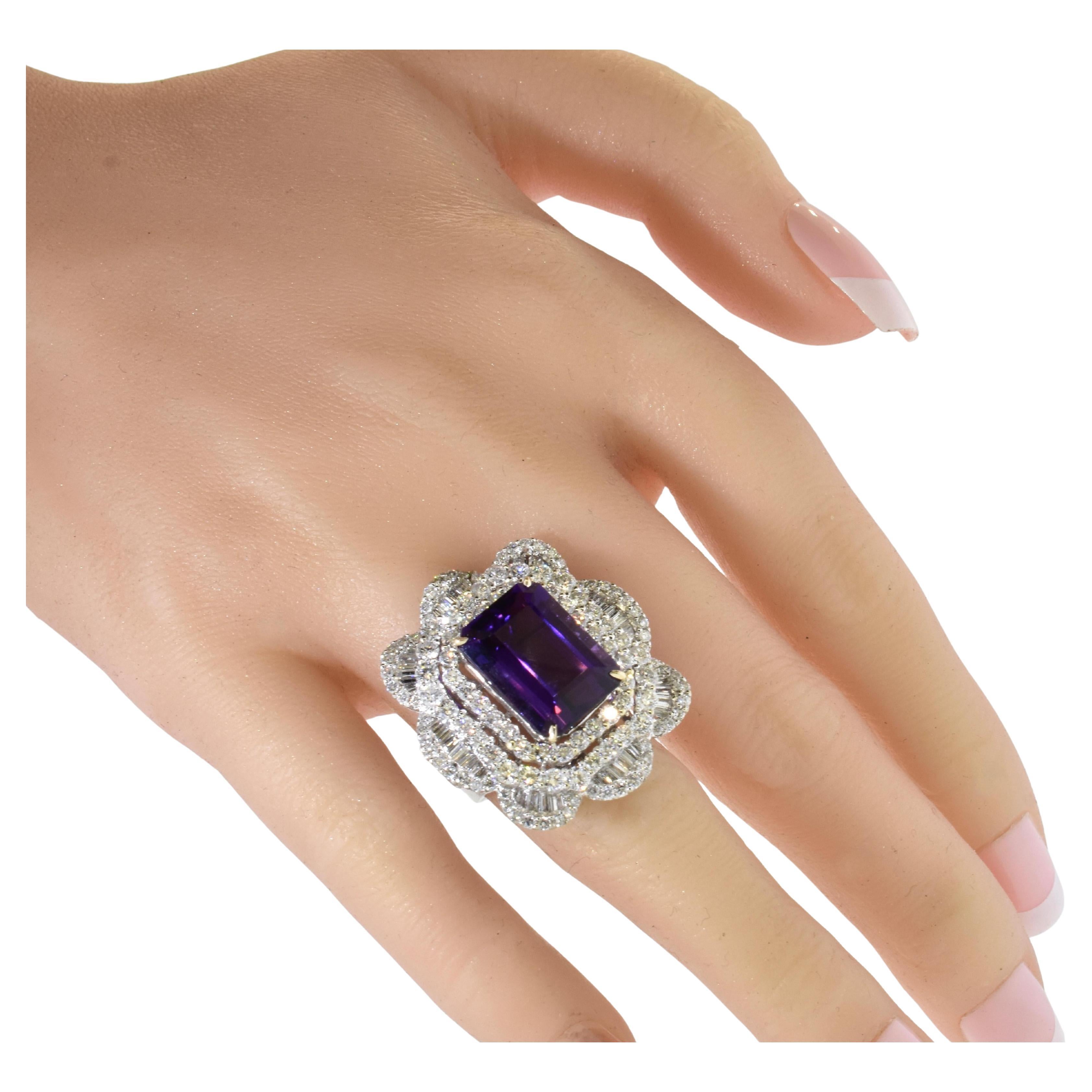 Amatista - Calidad Gema con Diamante Blanco en Oro Blanco de 18K Anillo Artesanal