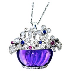 Antique Art Deco Amethyst, Diamond, Sapphire and Ruby Pin/Pendant, circa 1925