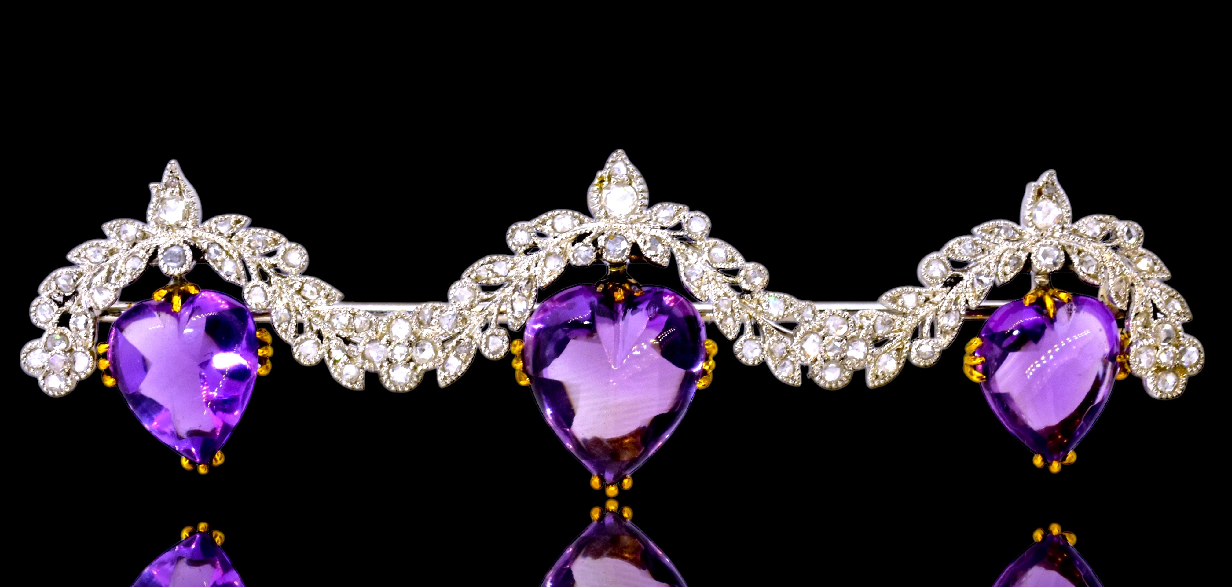 Antique Heart shaped Amethyst Brooch with Diamond, Edwardian, circa 1910 For Sale