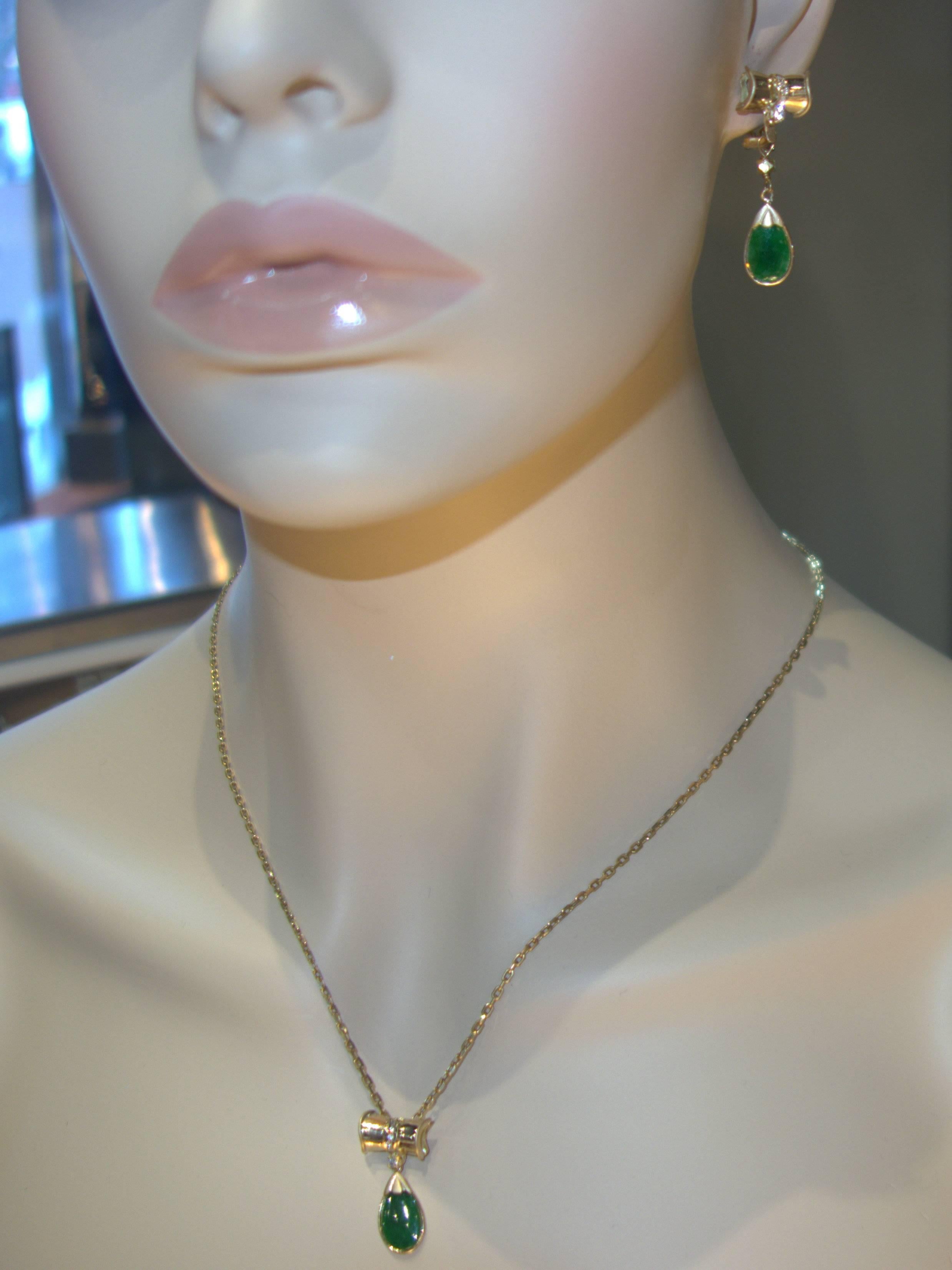 Dainty earrings with a pendant to match.  The green jade is suspended from small diamond and 14K gold.  Fine for all times of day and not a serious purchase coming in at an affordable price point!  The 14K chain is 20 inches long making the pendant