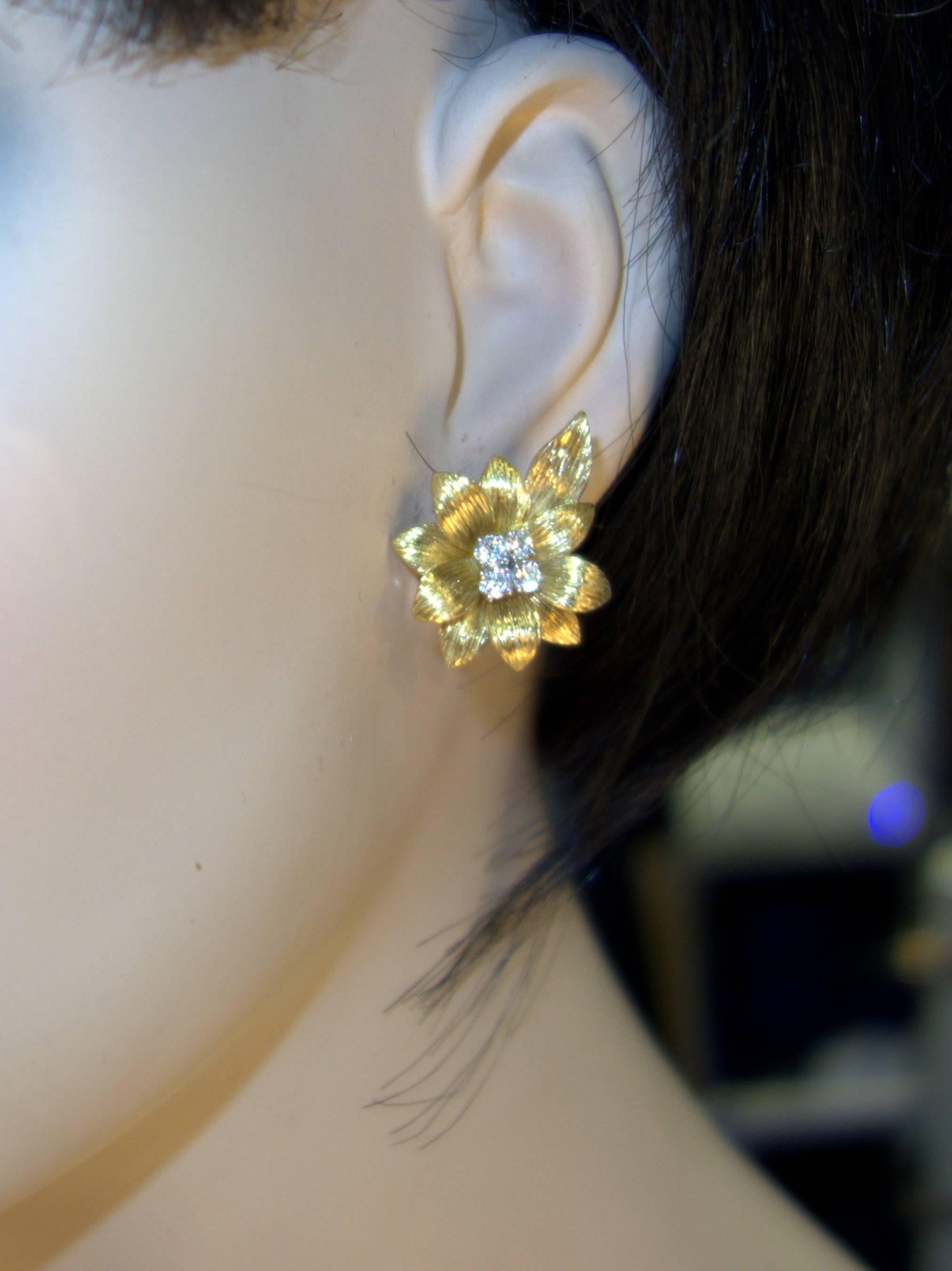 Contemporary 1950s Cartier Diamond Gold Flower Motif Earrings