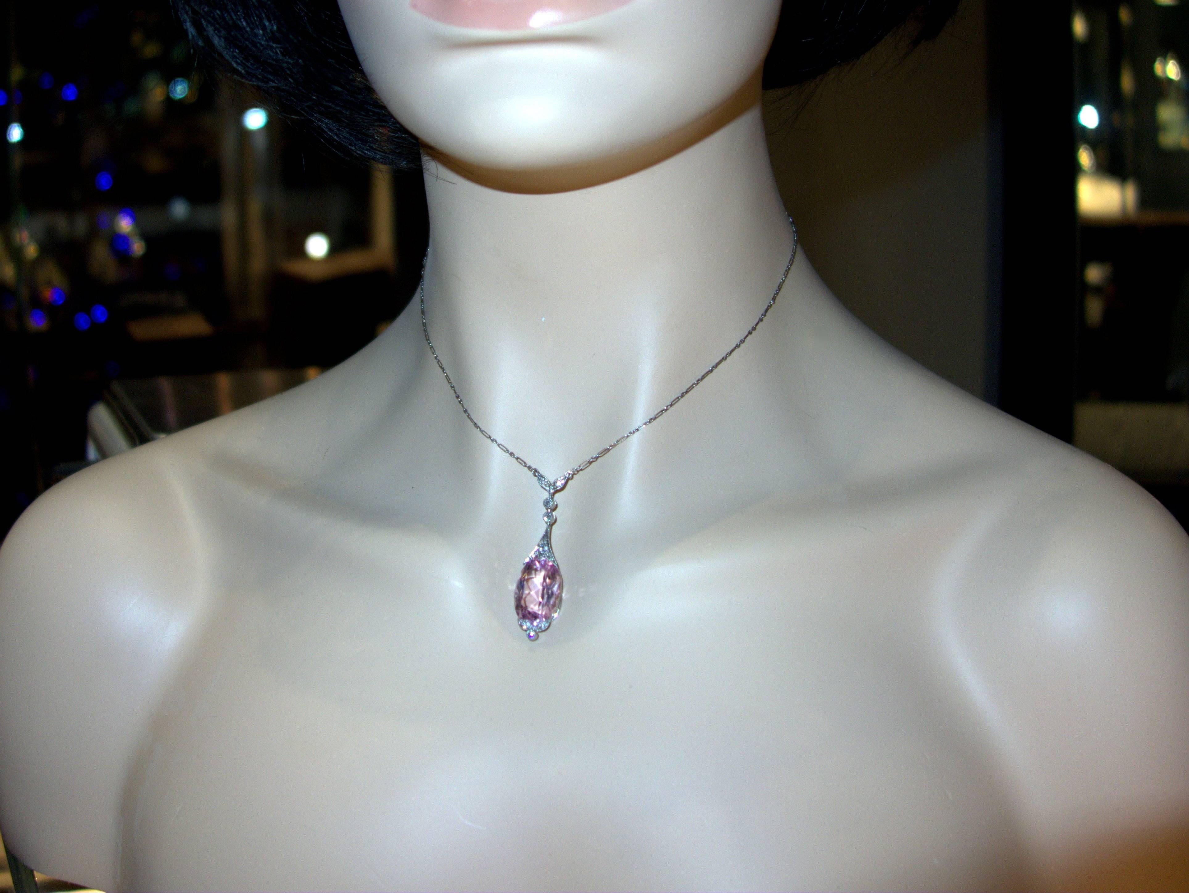 Antique Edwardian Pink Morganite Diamond Platinum Drop Necklace In Excellent Condition In Aspen, CO