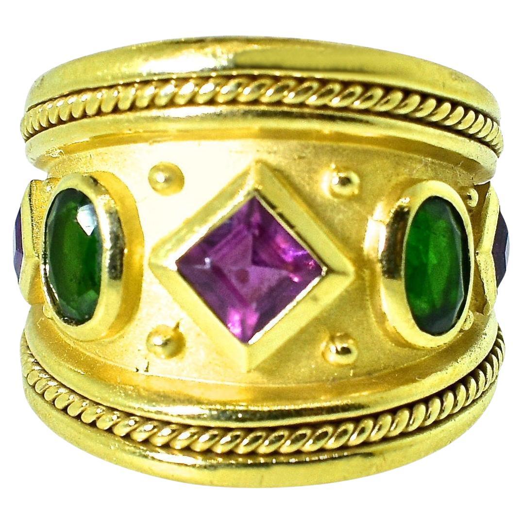 Fine Bold Byzantine Motif 18K Tourmaline and Amethyst Vintage Ring For Sale