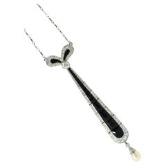 Art Deco Necklace of Platinum, Diamond, Natural Pearl & Fancy cut Onyx, c. 1920