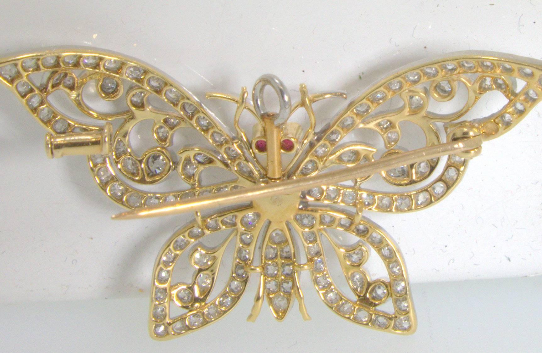 Antique Edwardian pearl diamond ruby gold platinum butterfly In Excellent Condition In Aspen, CO