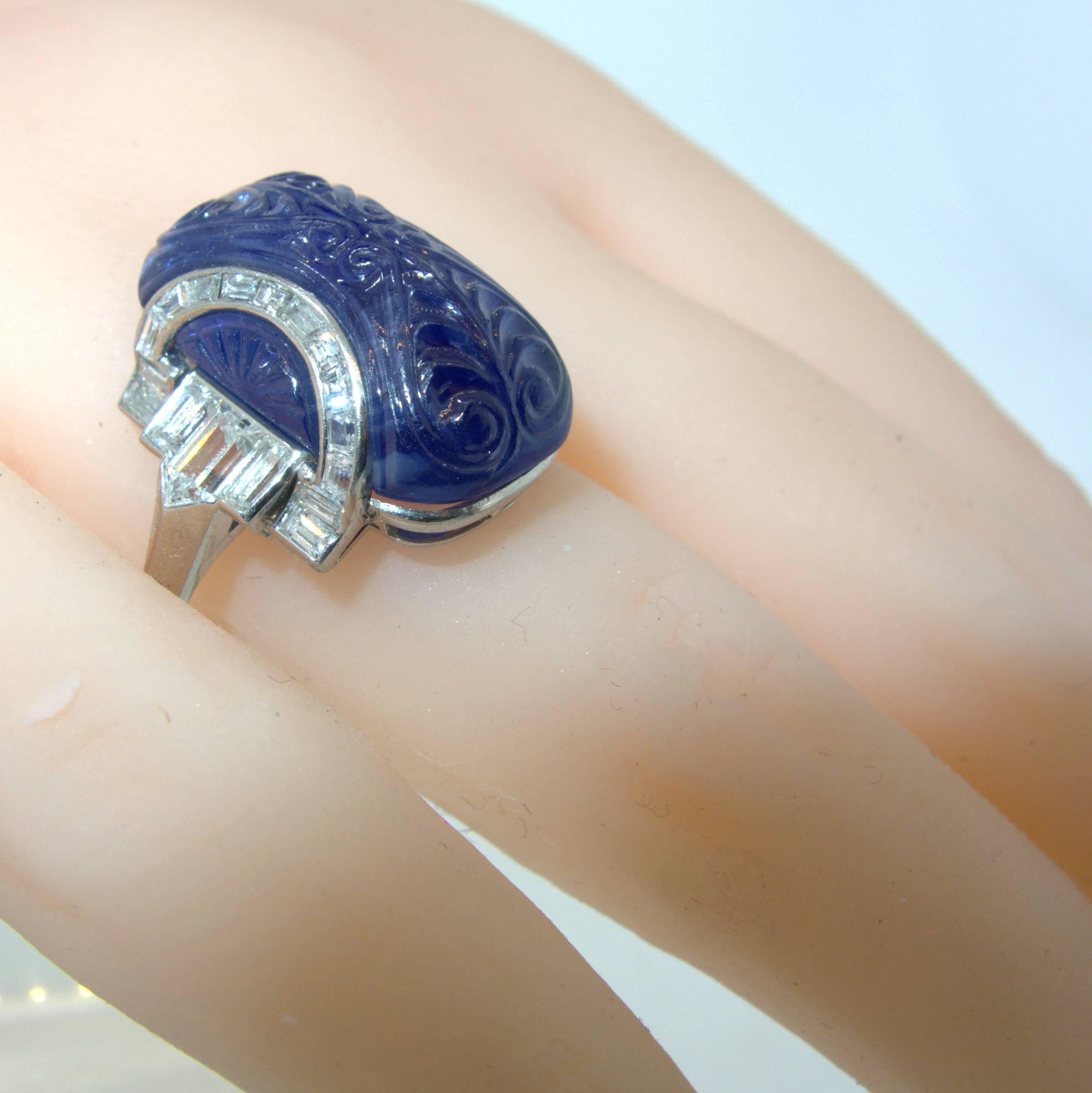 Women's  Art Deco Unheated Burma Sapphire Diamond Platinum Ring