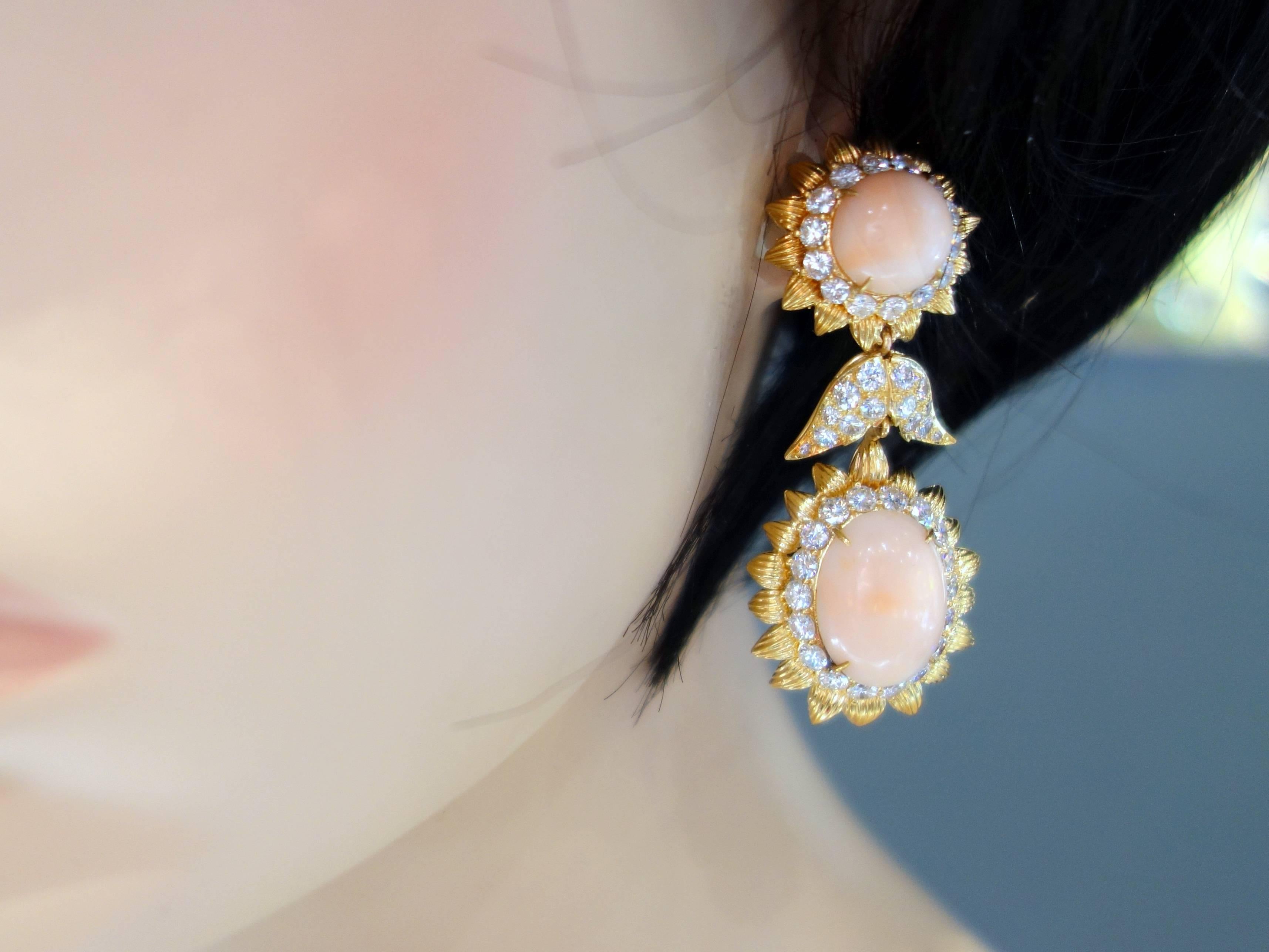 Contemporary 1960s Long Coral Diamond Gold Earrings