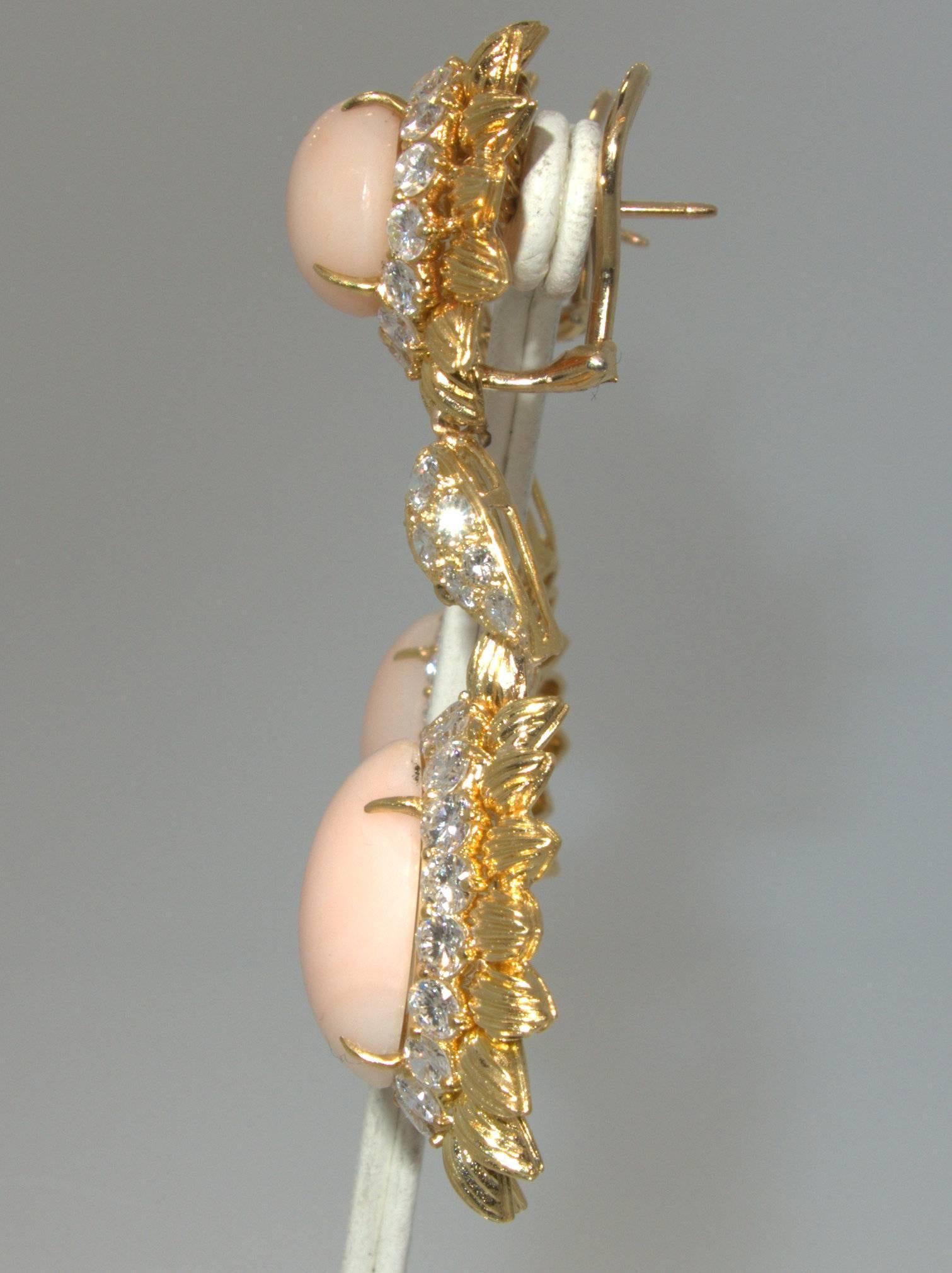 Women's 1960s Long Coral Diamond Gold Earrings