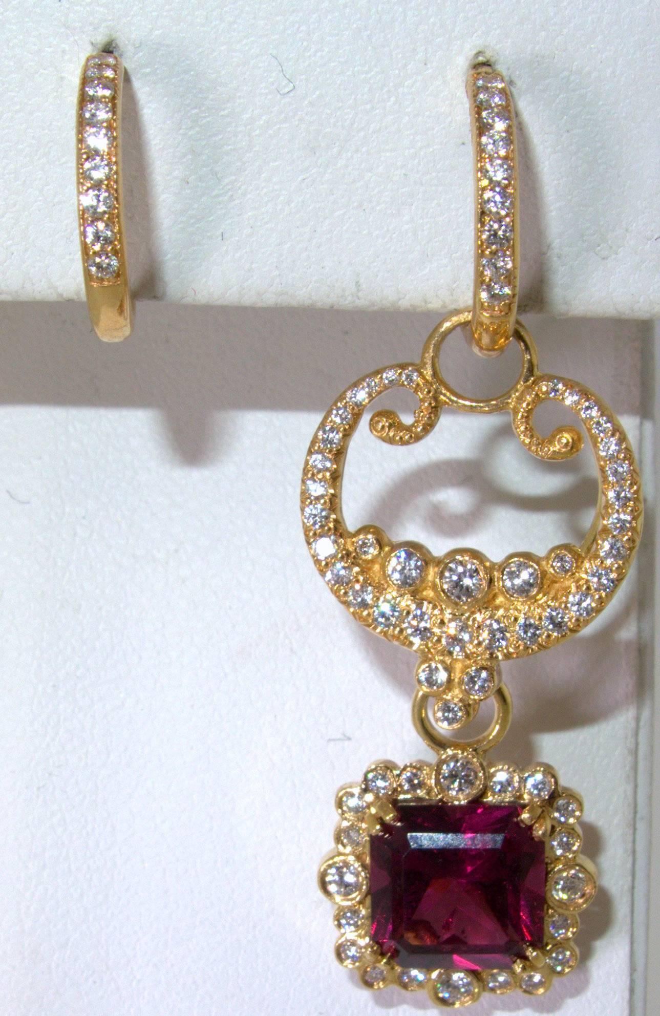 Versatile Rhodolite Diamond Gold Earrings In Excellent Condition In Aspen, CO