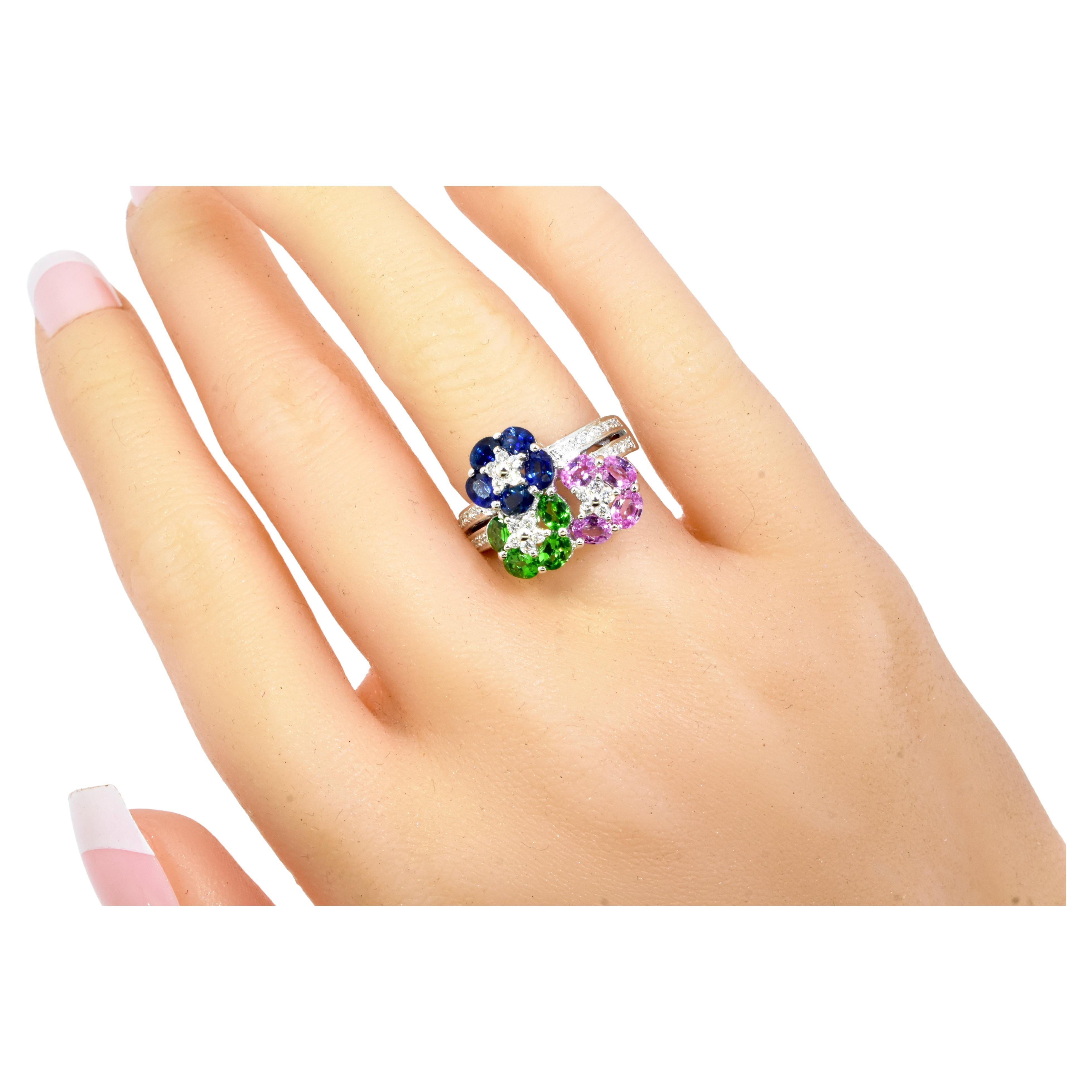 Le Vian Sapphire, Tsavorite and Diamond Fine White Gold Contemporary Ring For Sale
