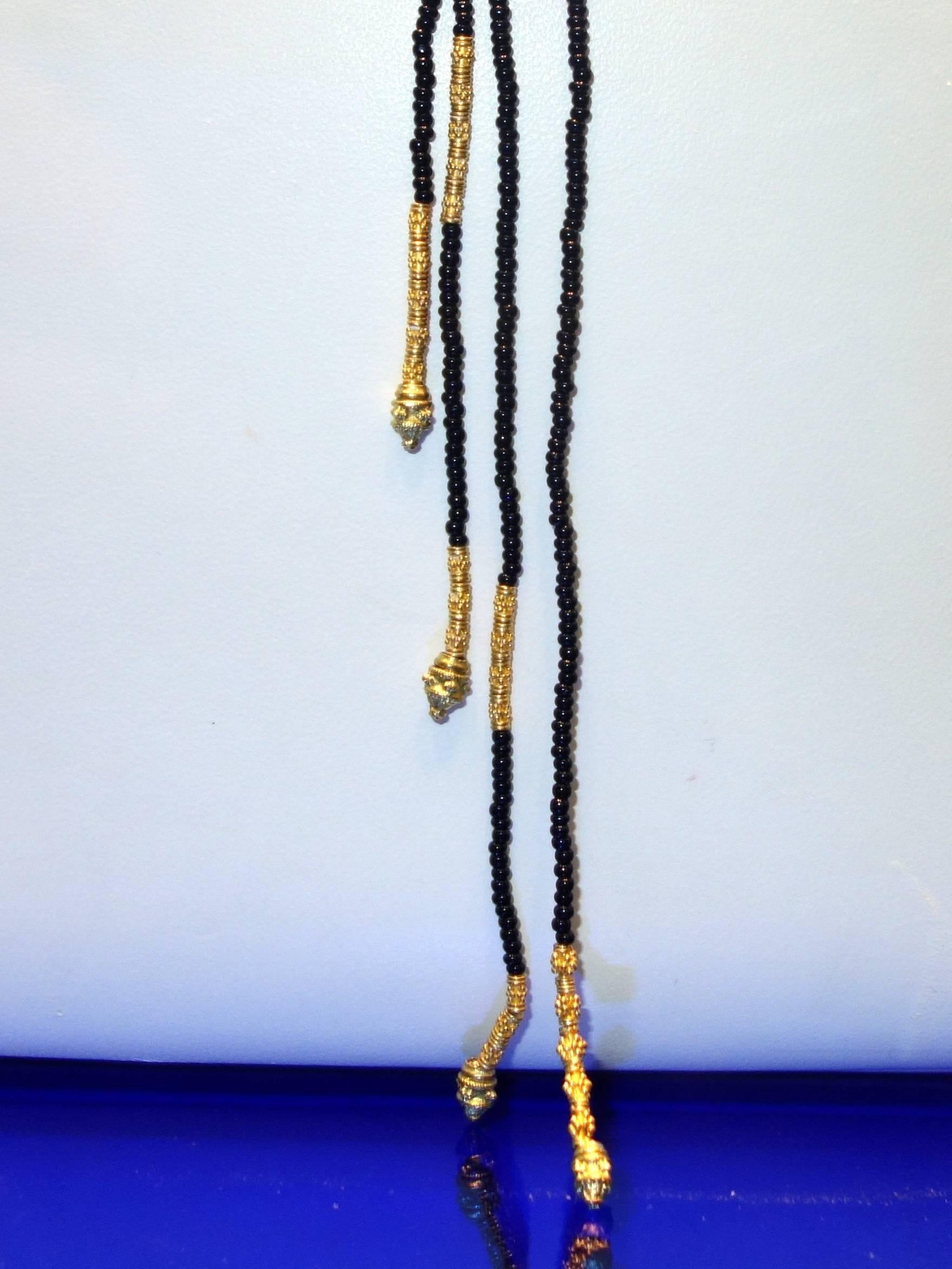 Onyx Bead and Gold Long Necklace 1