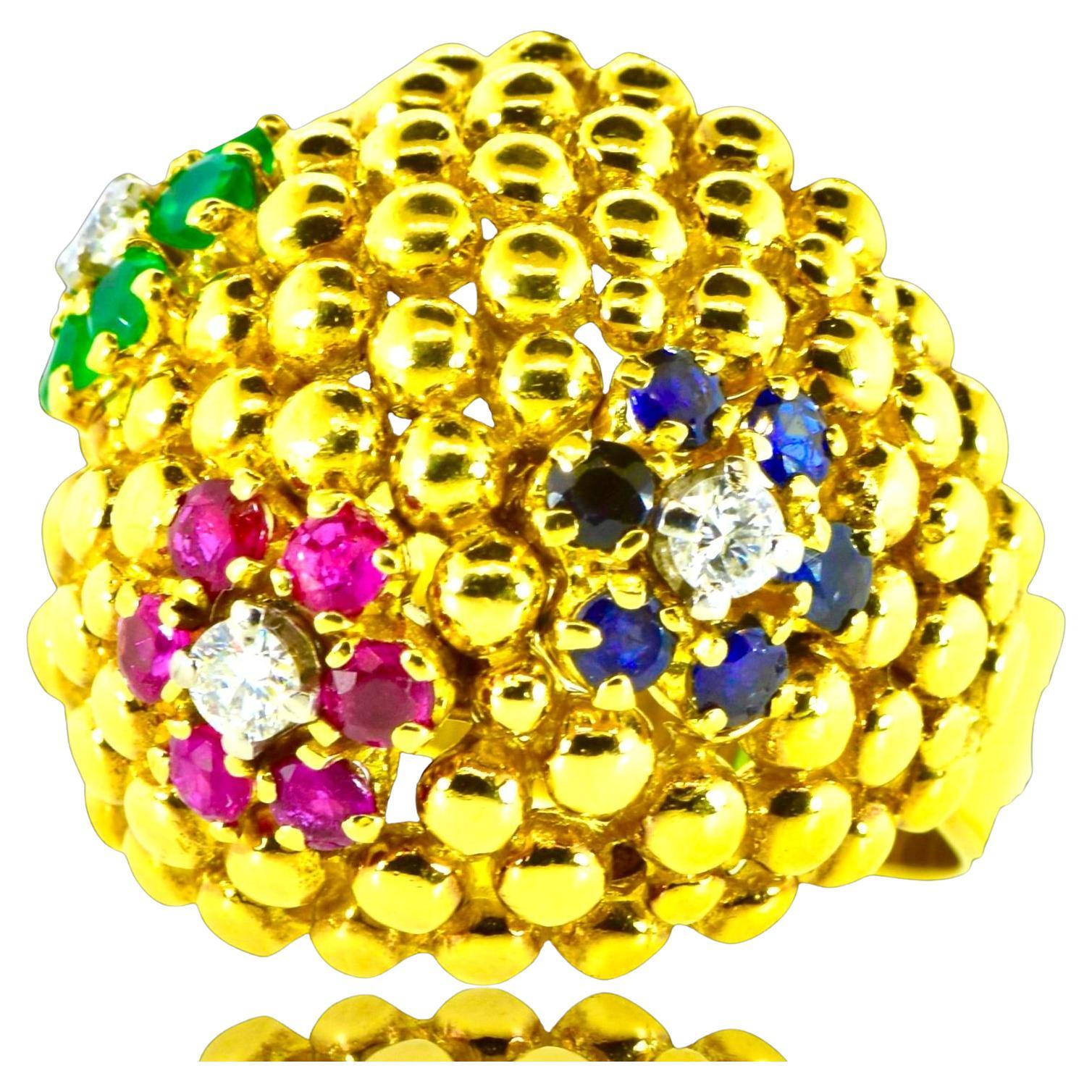 Round Cut Diamond, Sapphire, Ruby and Emerald Vintage Bold 18K Ring, C. 1960 For Sale