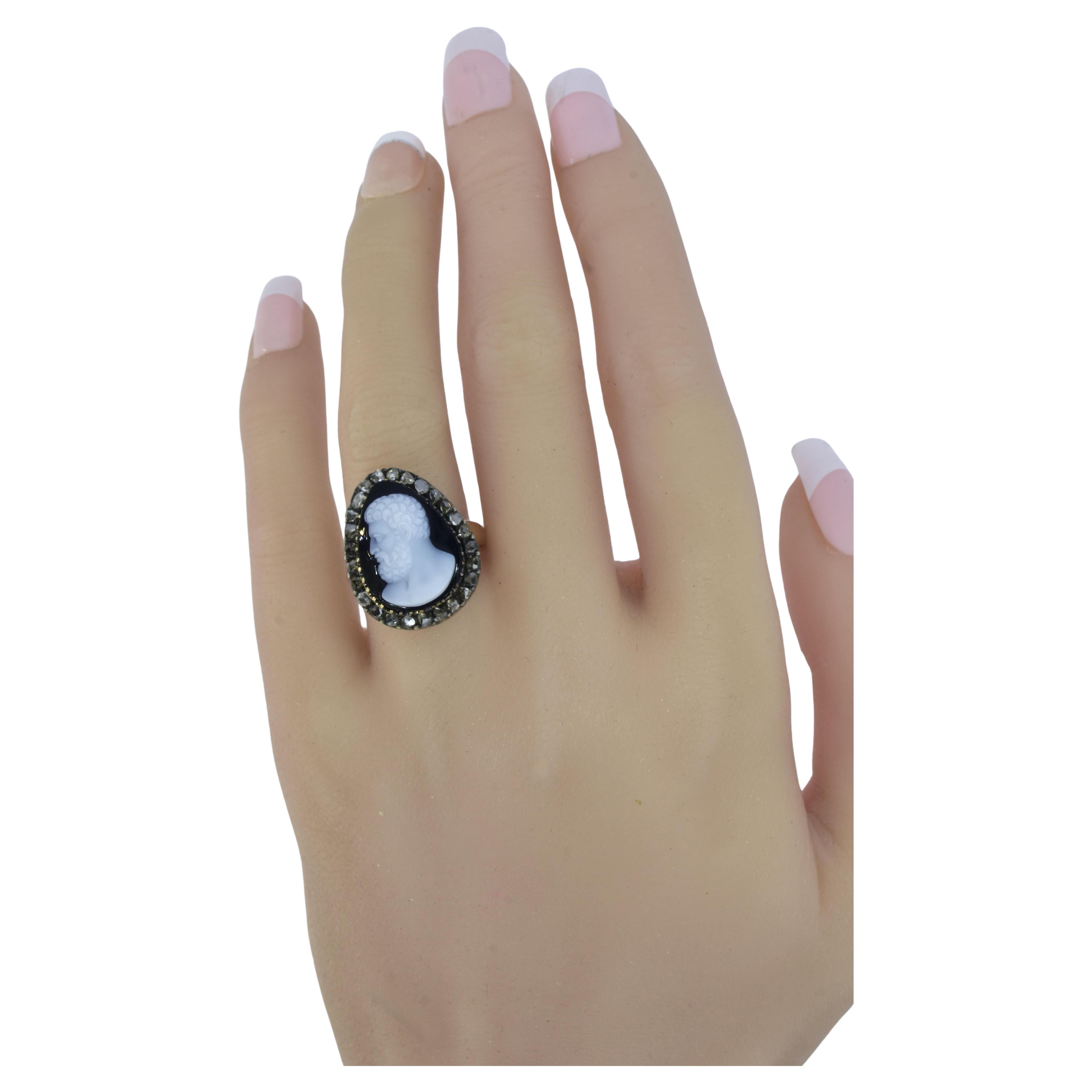 Antique Gold, Silver, Diamond and fine Onyx Cameo Ring, circa 1850.