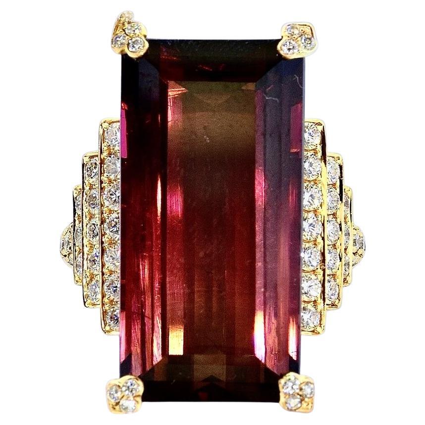 Rare Gem Specimen Large Natural Deep Red Rubellite 34.77 cts. & Diamond 18K Ring For Sale