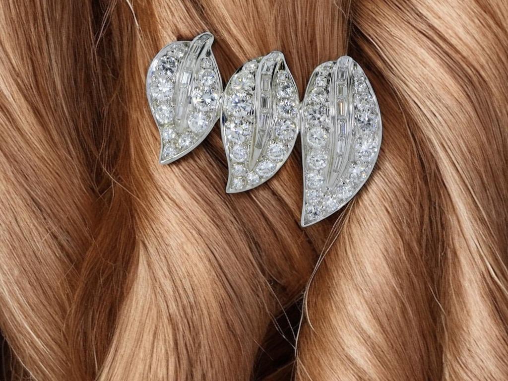 Platinum, gold and fine Diamond Three Leaf  motif Vintage Hair Barrette