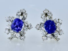 Fine Unheated AGL Graded Sapphires & Diamond Vintage Platinum Earrings, c. 1955