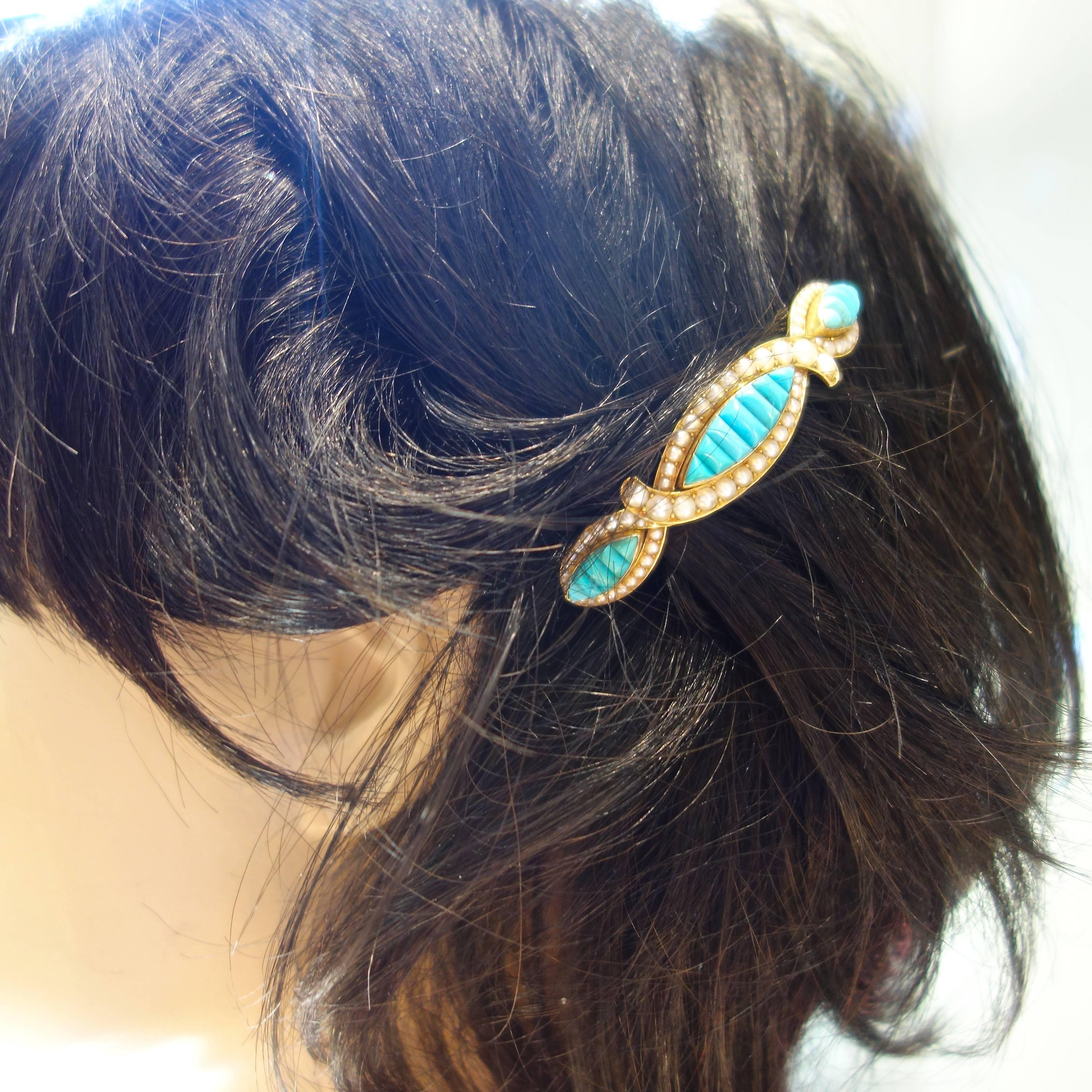 Hair Barrette 19th century natural Persian Turquoise and natural pearls in  1