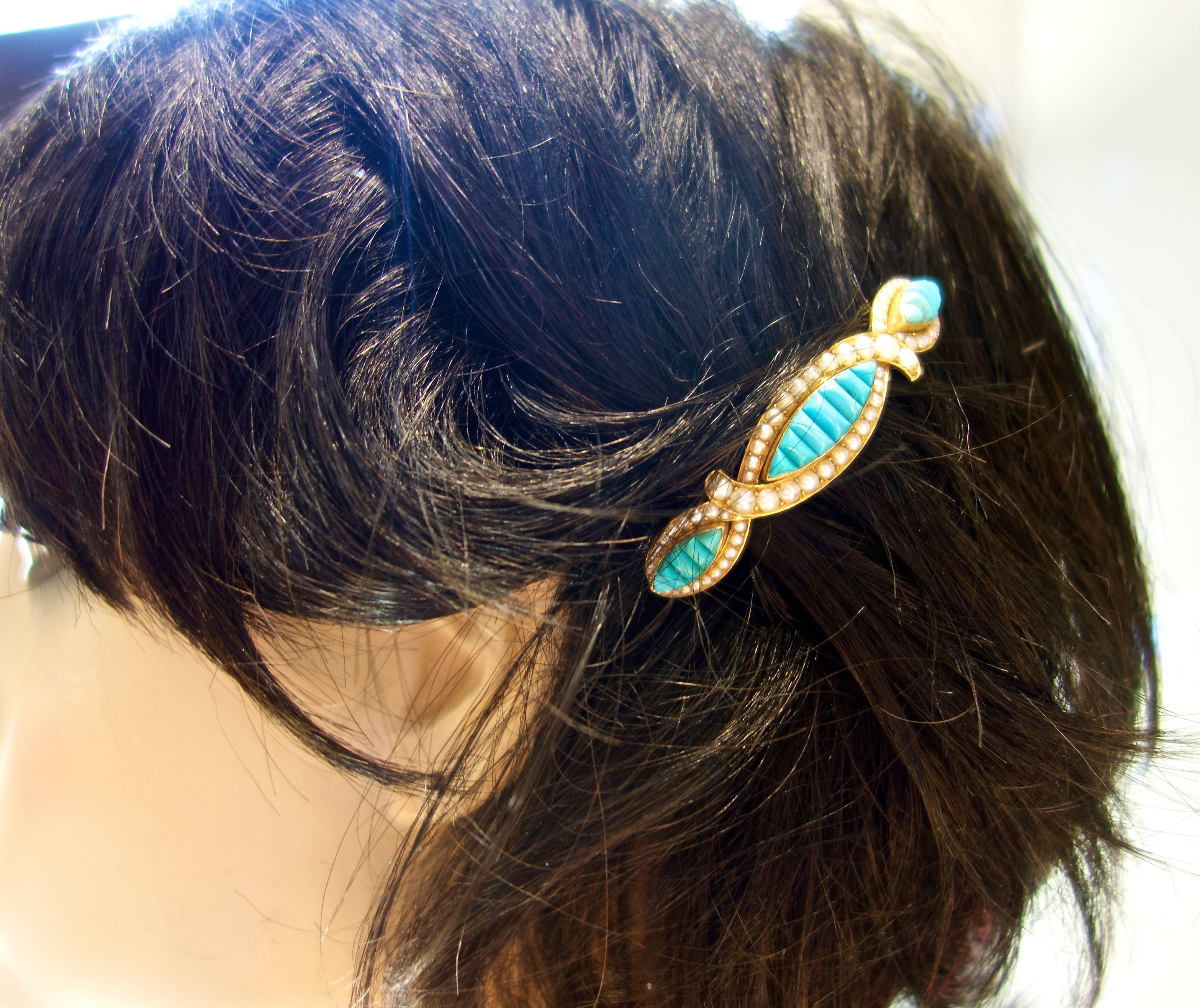 Hair Barrette 19th century natural Persian Turquoise and natural pearls in  2