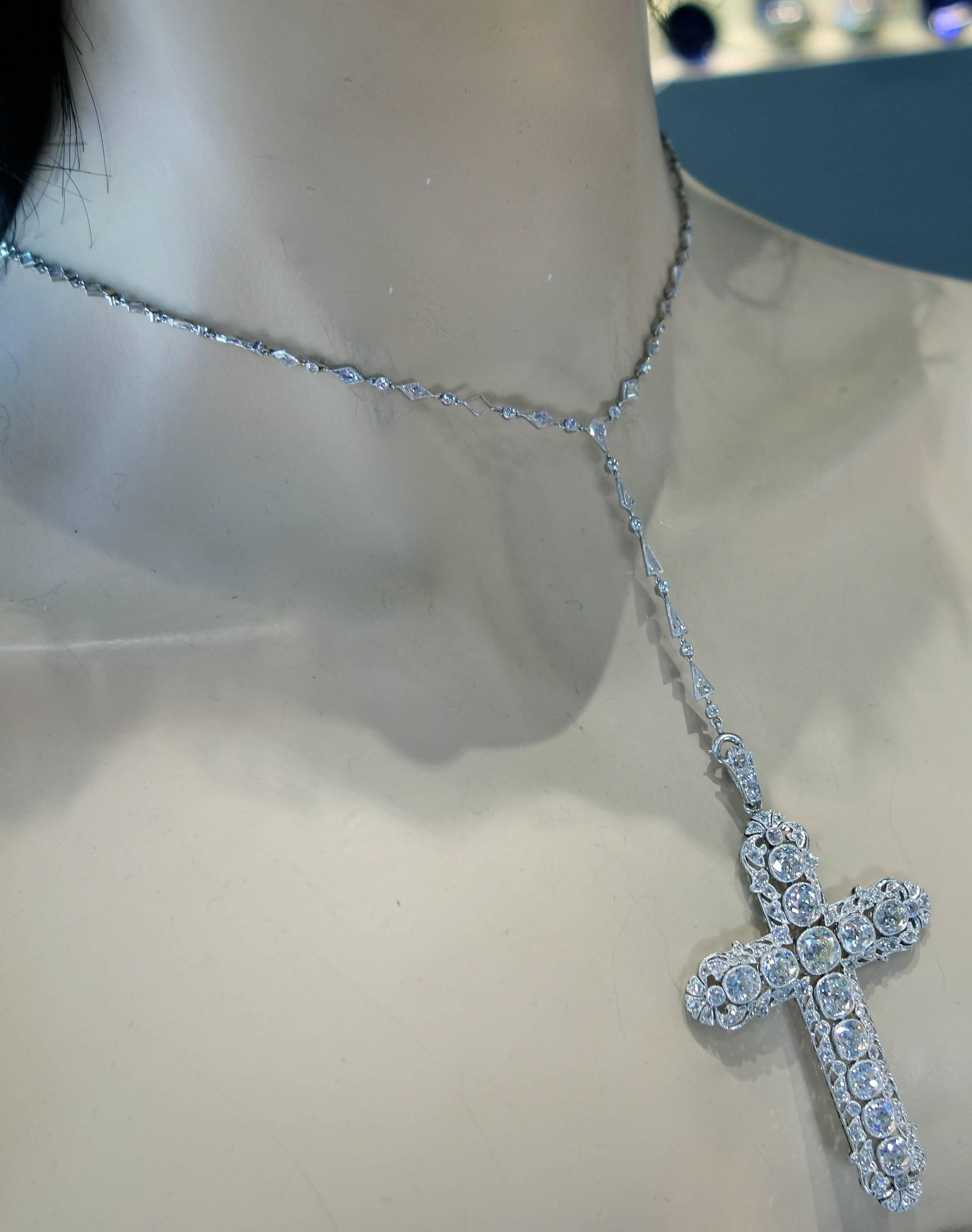 Important Large Antique Diamond Platinum Cross and Chain In Excellent Condition In Aspen, CO