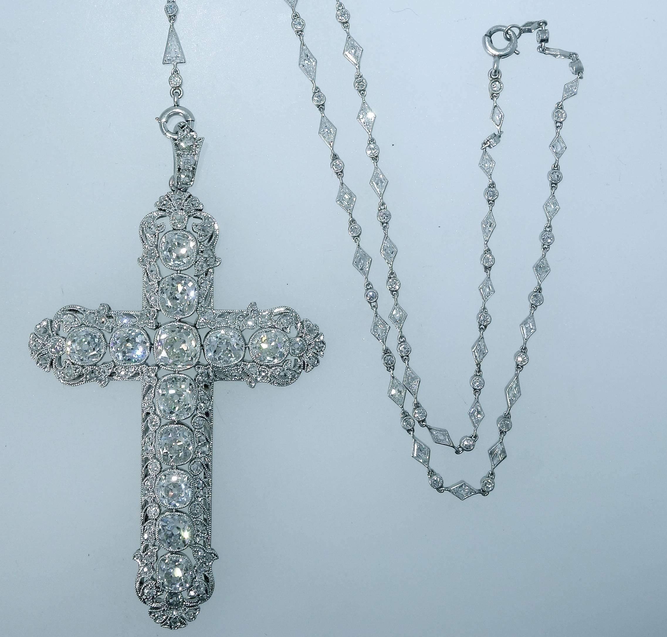 Important Large Antique Diamond Platinum Cross and Chain 2