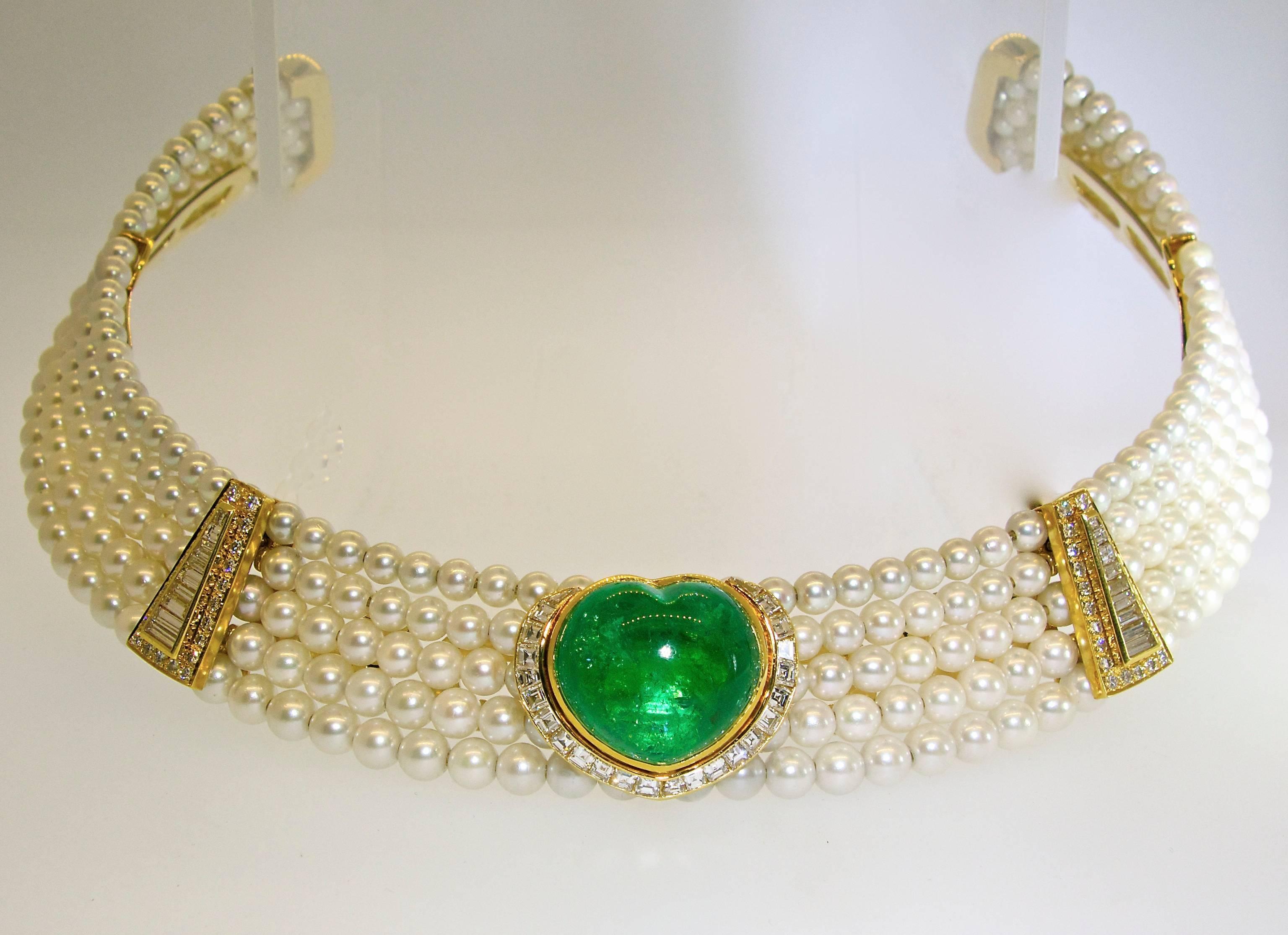 Important Heart Shaped Emerald, Diamond and Pearl Choker Necklace 3