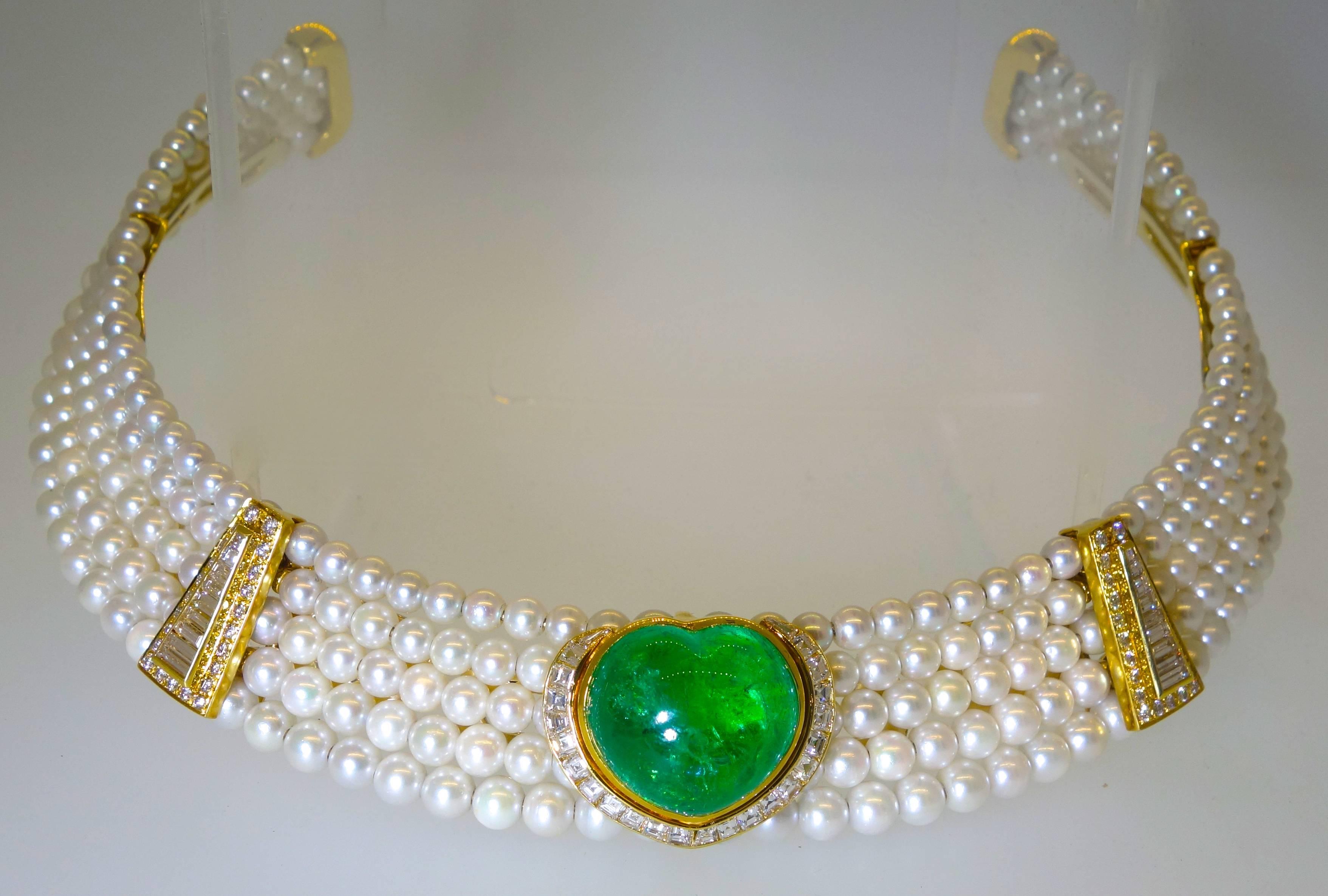 Important Heart Shaped Emerald, Diamond and Pearl Choker Necklace 4