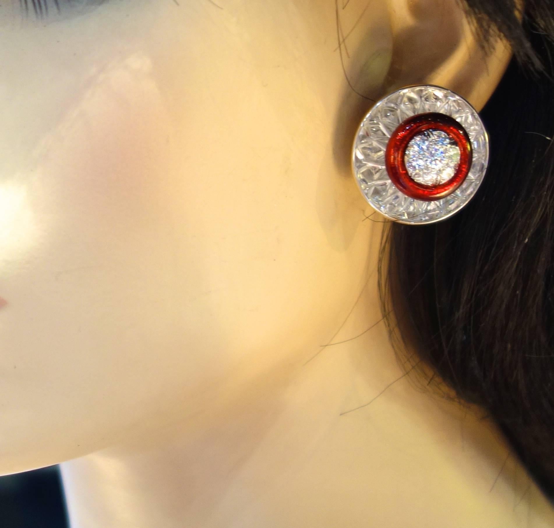 David Webb Rock Crystal, Diamonds and Red Enamel Earrings 1