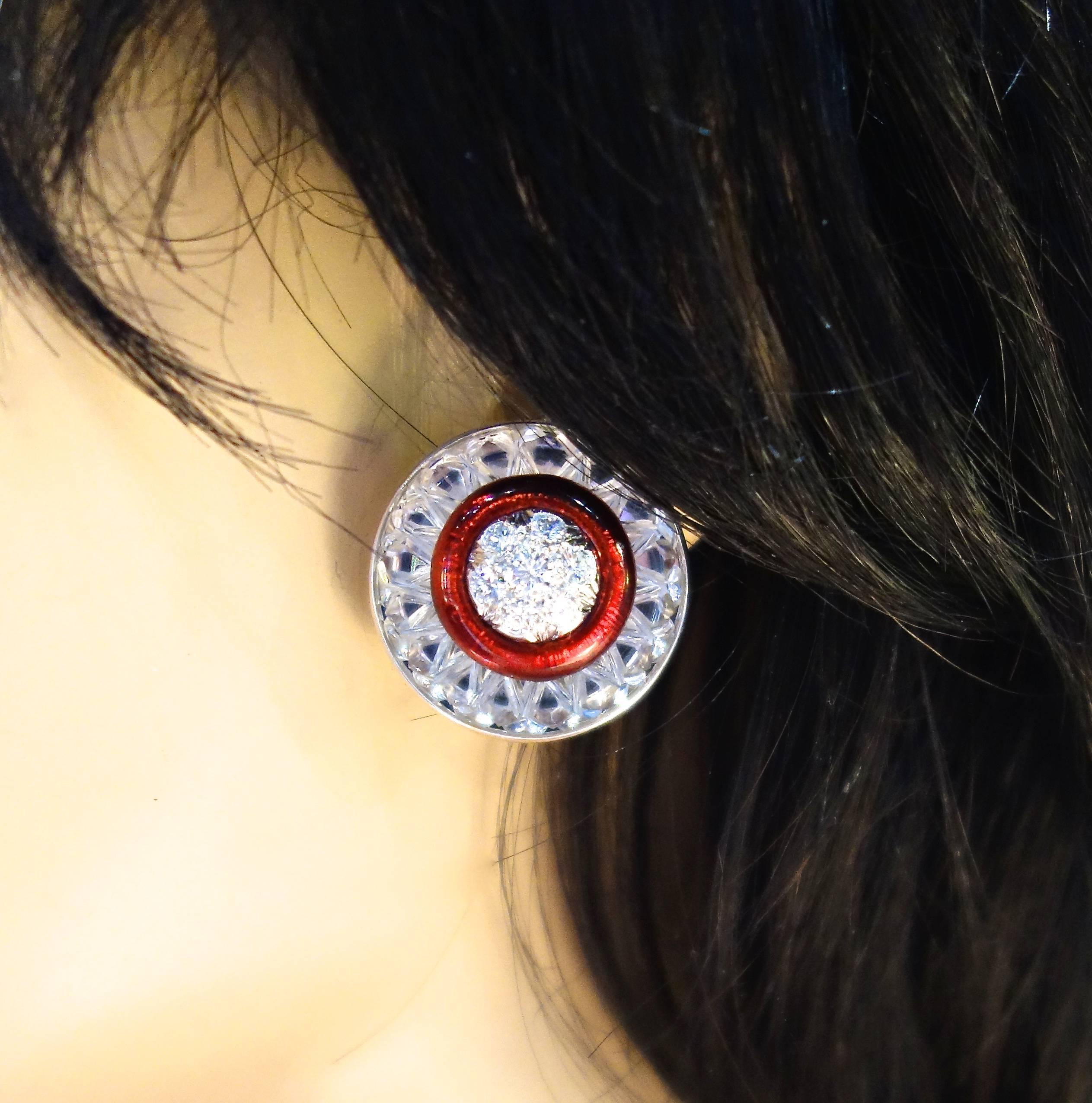 Women's or Men's David Webb Rock Crystal, Diamonds and Red Enamel Earrings