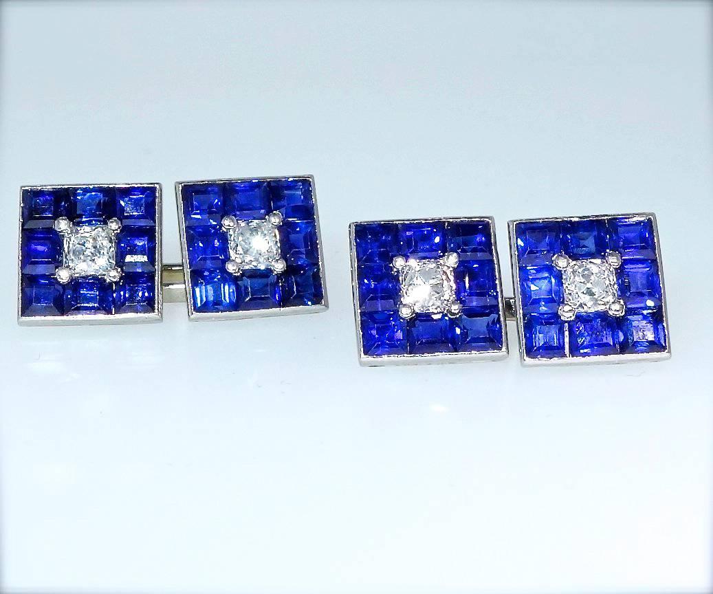 Fine natural Burma sapphires are fancy cut and set and weigh approximately 5.5 cts.  These sapphires are very fine - the color which is unheated is a bright vivid blue color.  The diamonds are an unusual fancy cut (swiss cut/old mine cut hybrid),