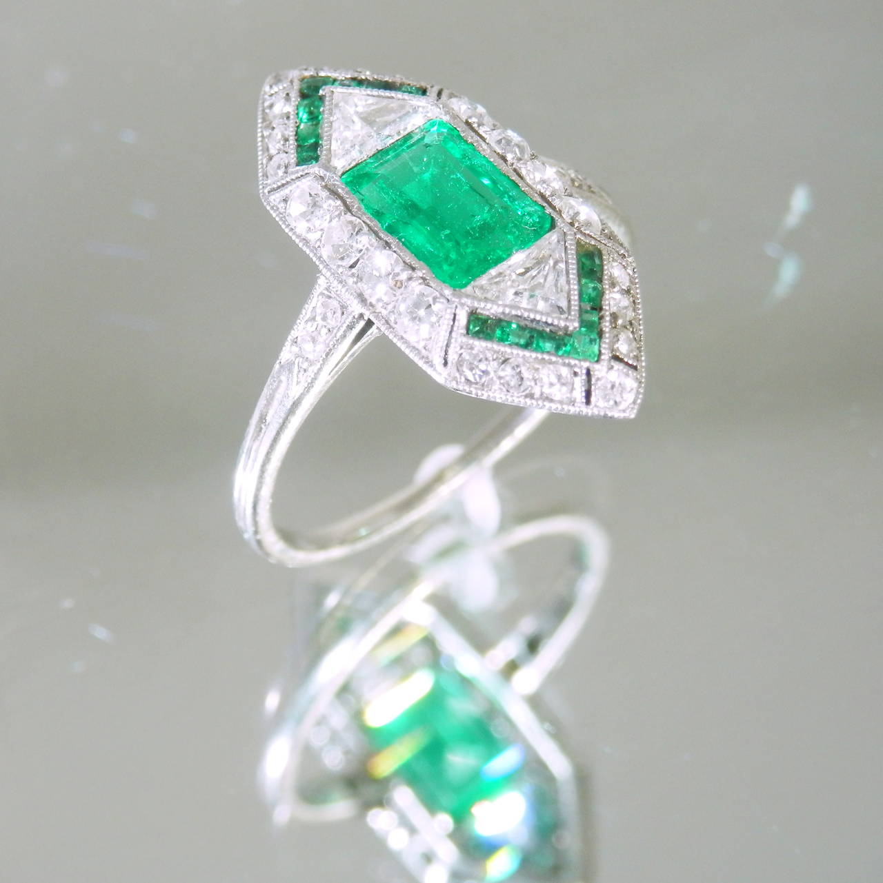 Emerald Cut Art Deco Emerald Fancy Cut Diamond Platinum Cluster Ring