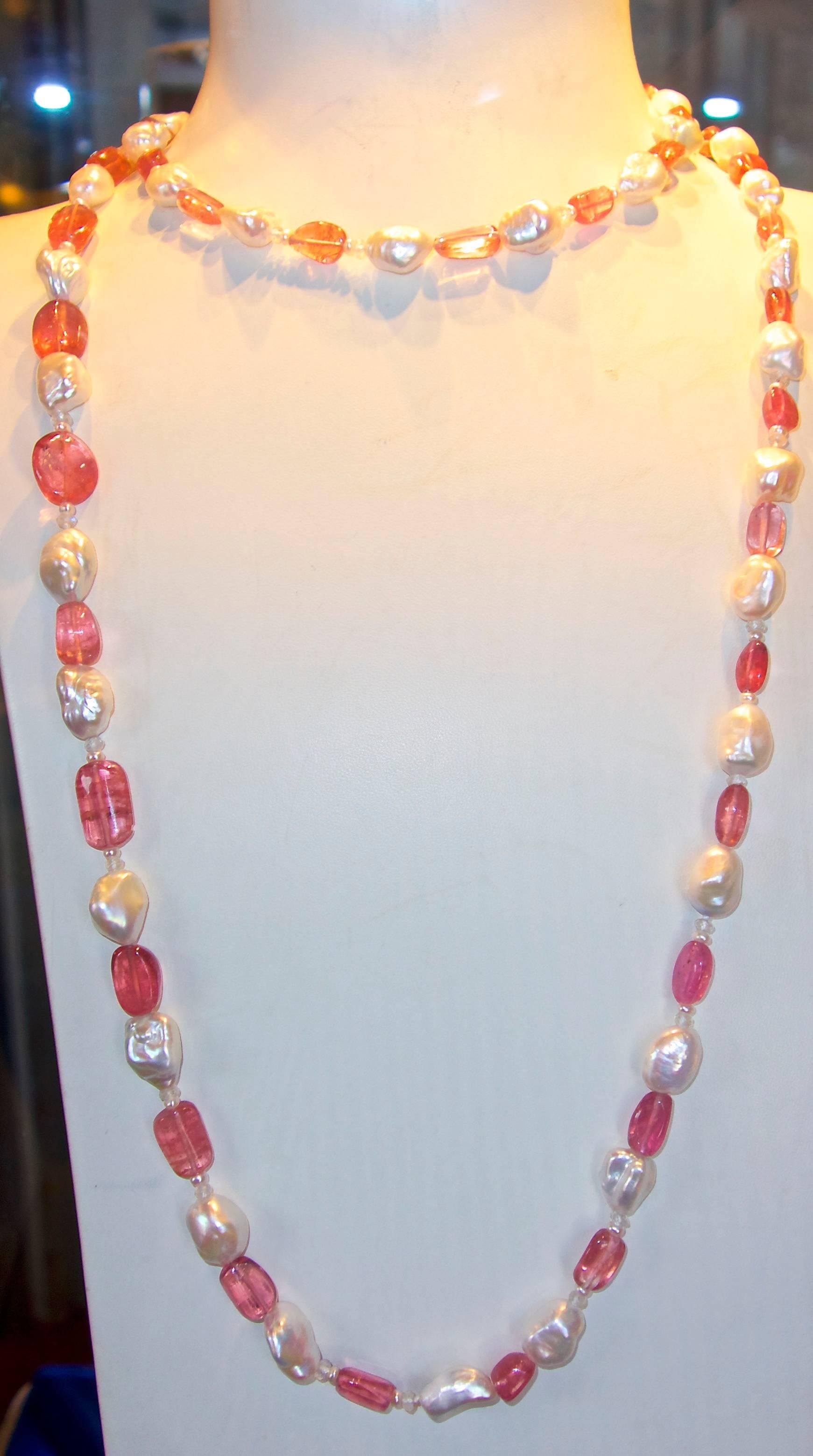 Sautoir of fine natural Pink Tourmaline and Baroque Pearls In Excellent Condition In Aspen, CO